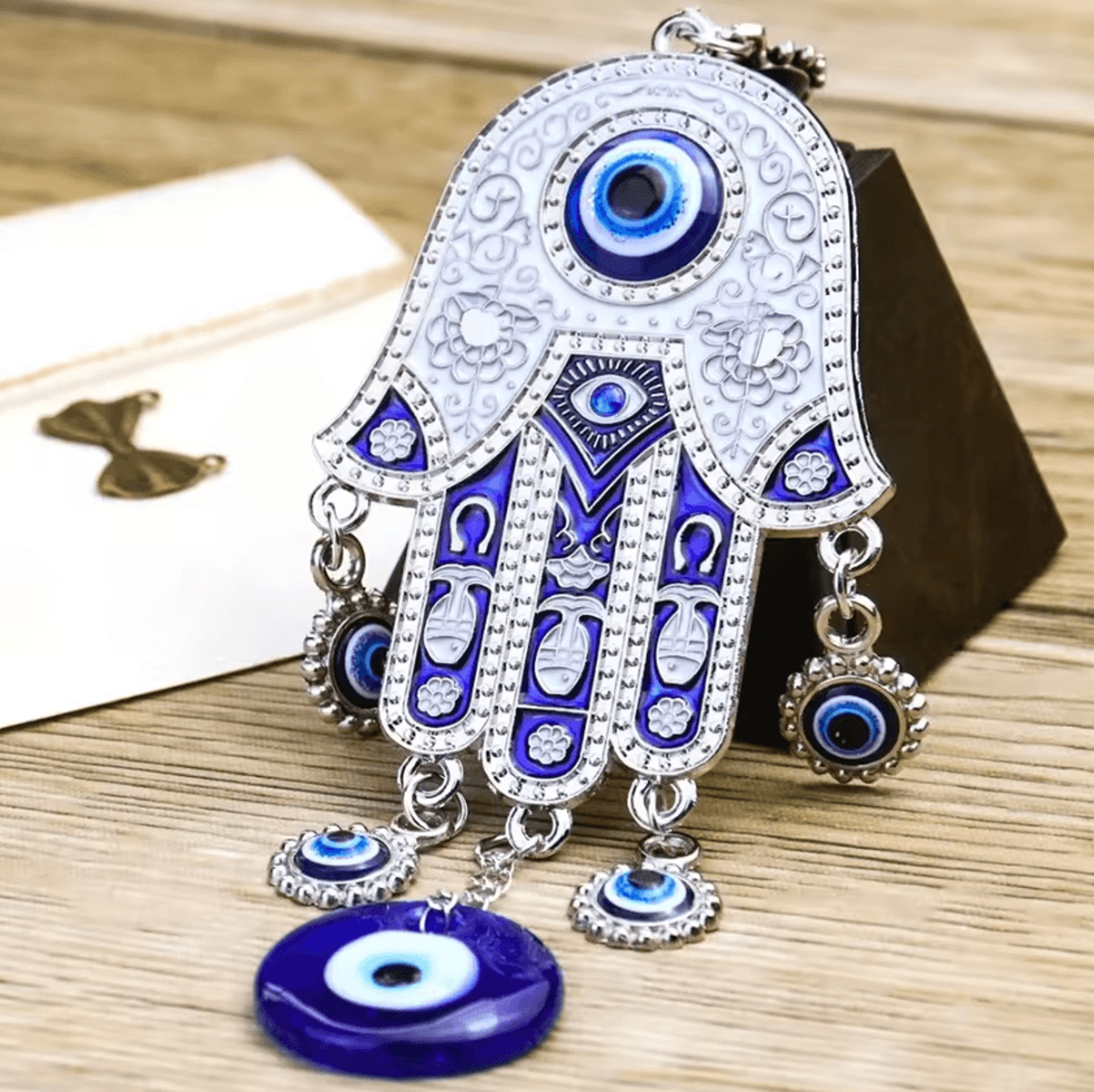 hamsa fatima hand wind chime decor – blue eye evil eye hanging ornament
