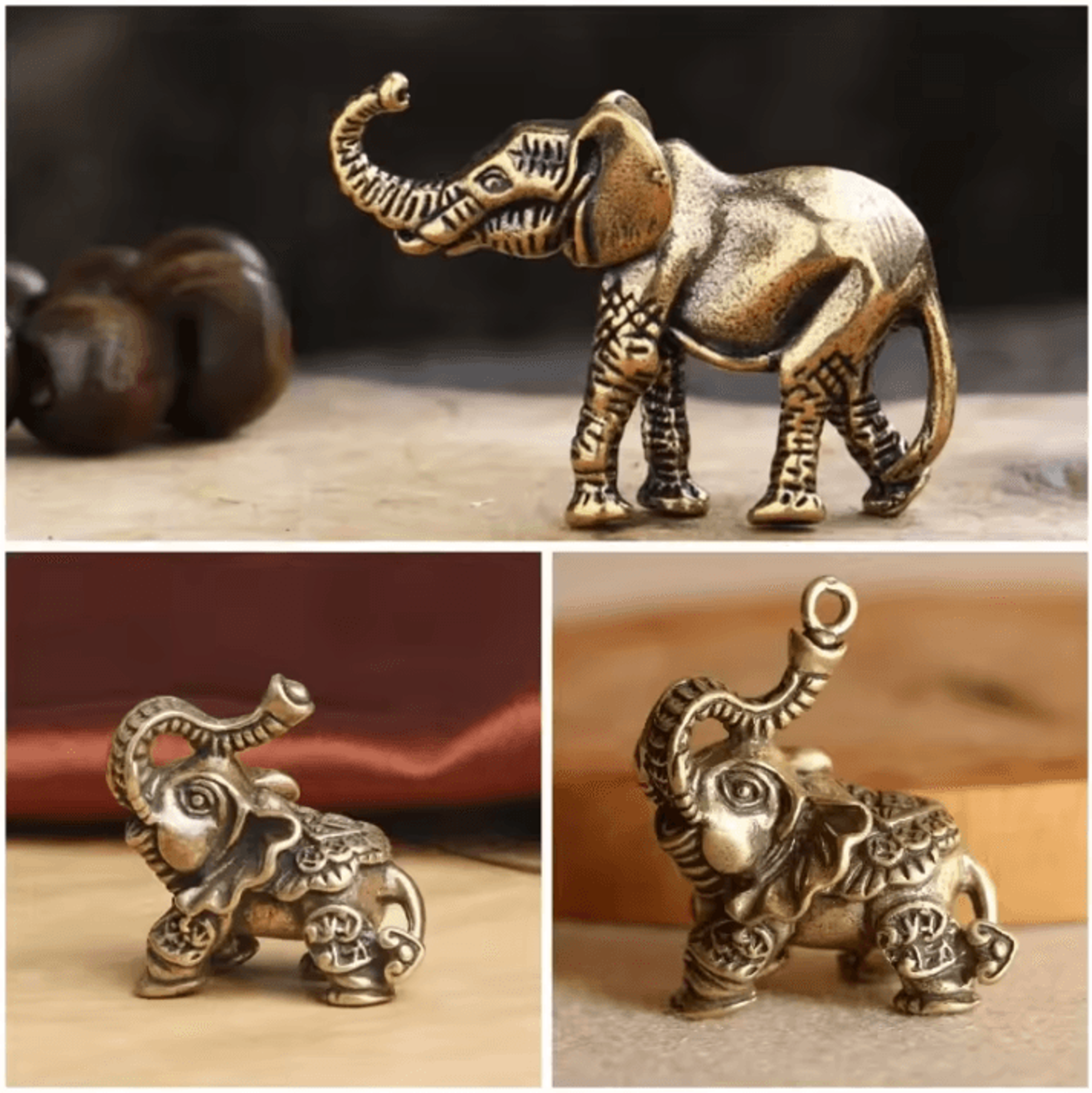 mini brass elephant figurine – lucky feng shui elephant decor desk ornament