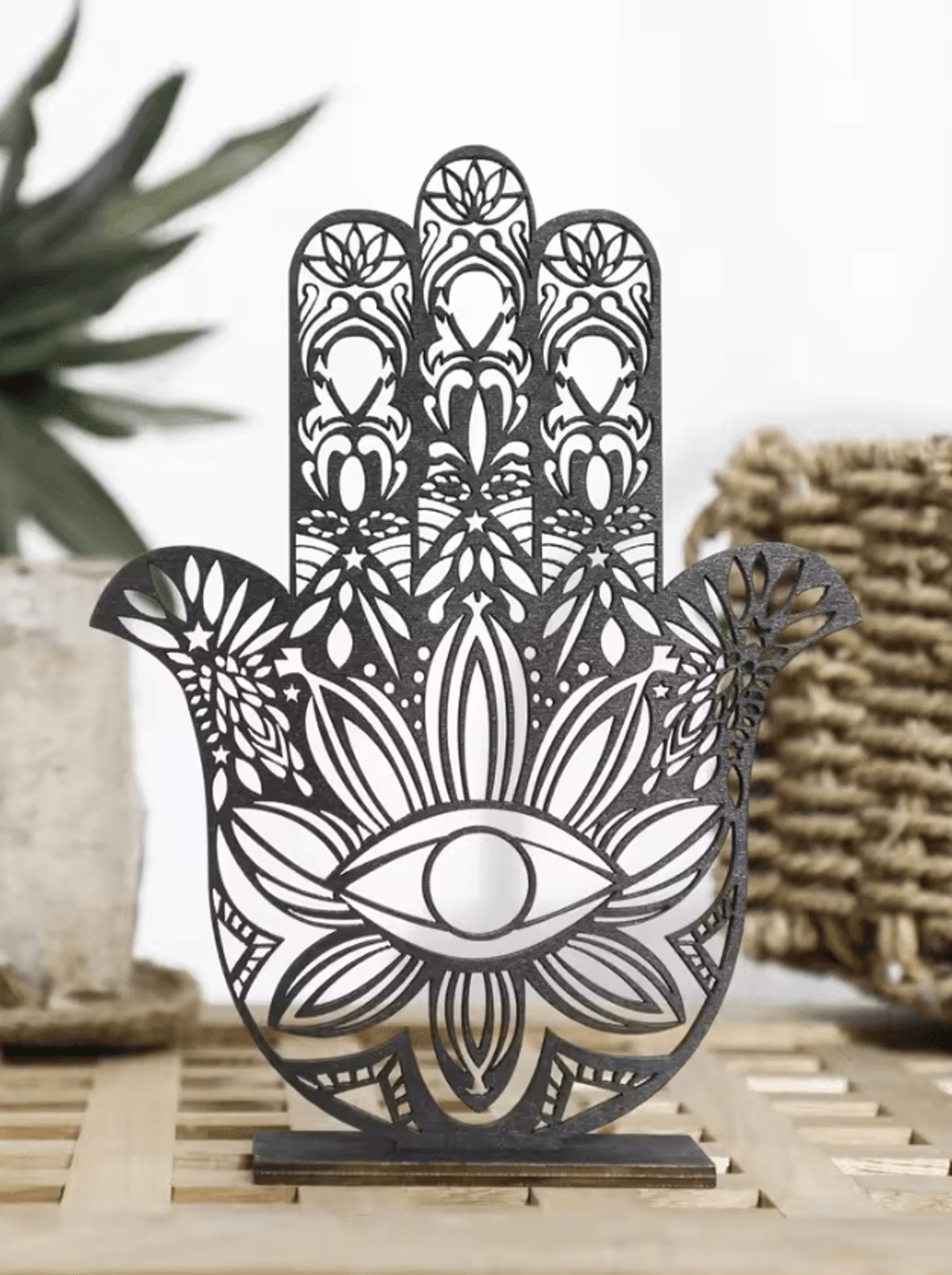 black wooden hamsa hand evil eye desk decor – protective aesthetic home accent