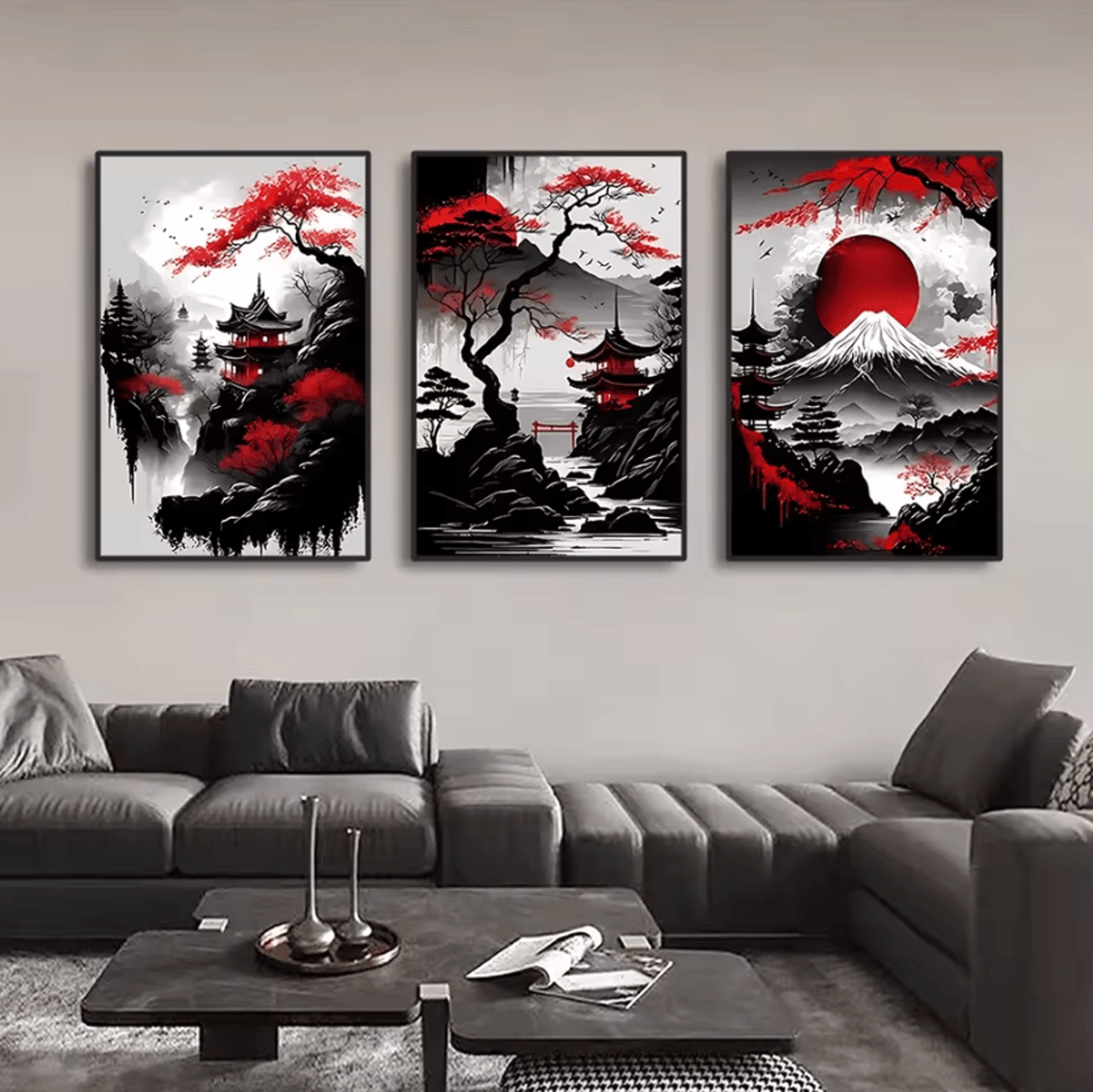 vintage japanese landscape canvas wall art set – 3-piece black & red zen decor