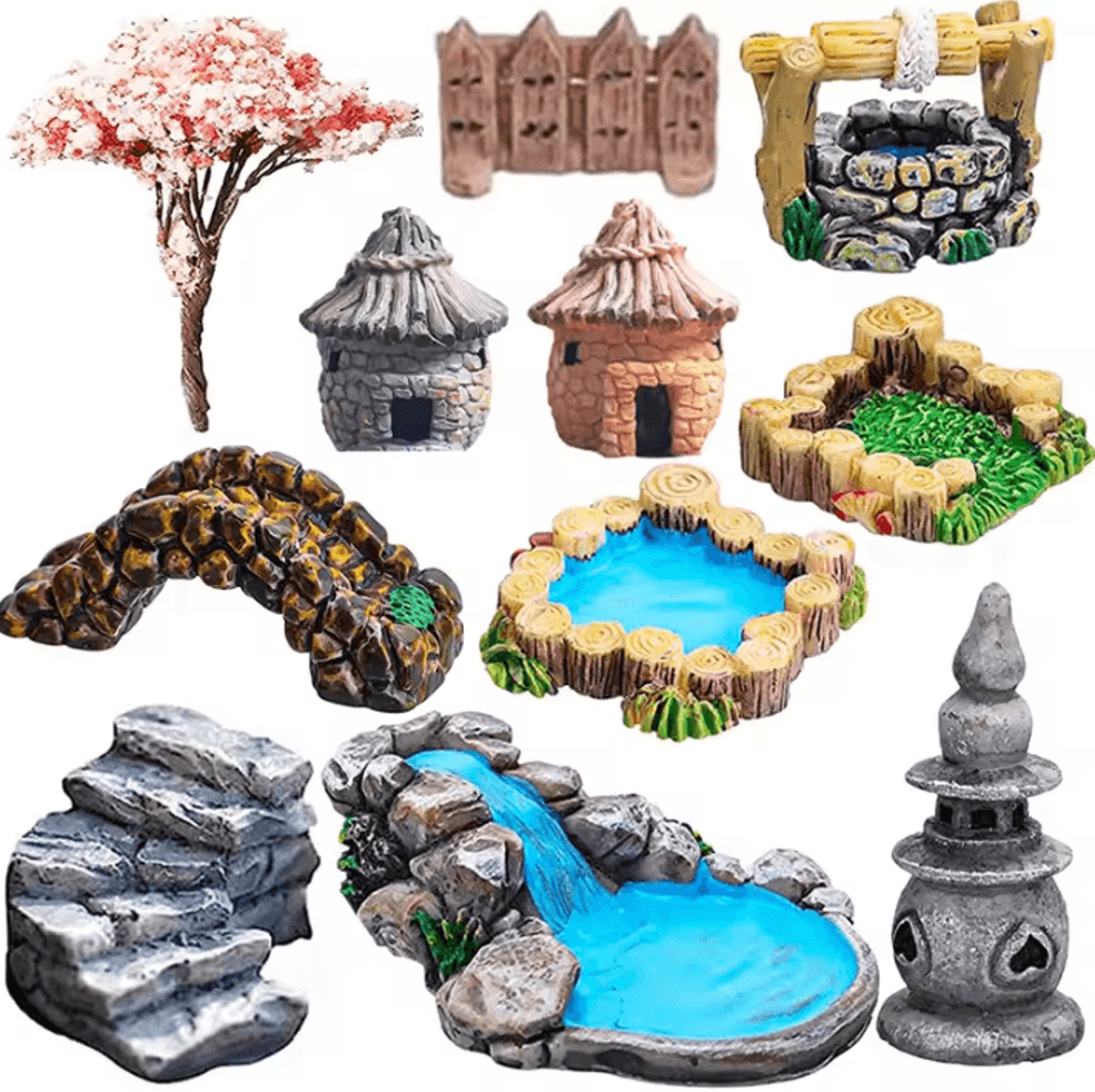 mini fairy garden landscape set – lighthouse, bridge & cottage diy decor kit