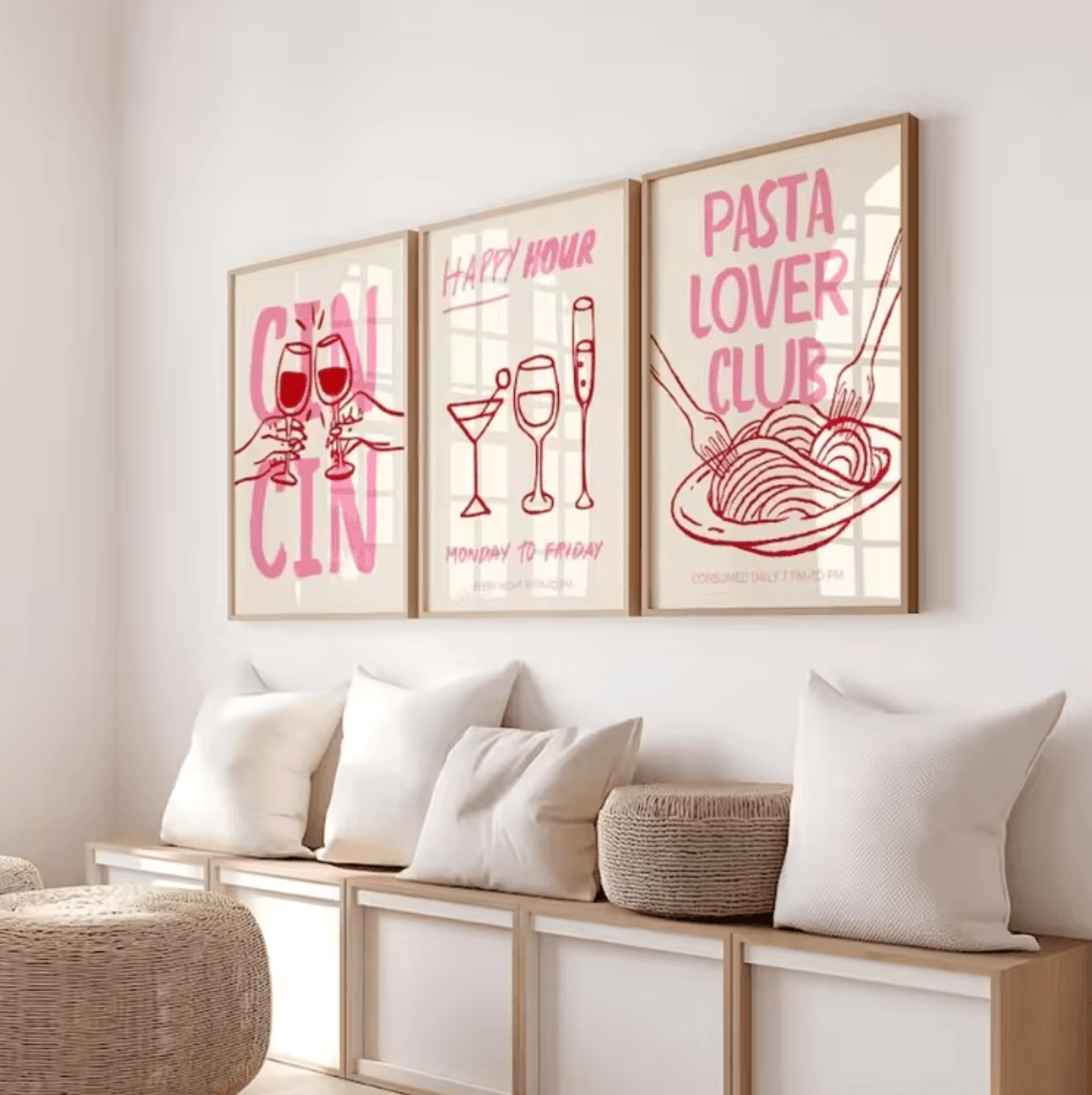 cin cin cheers pink cocktail poster set – retro kitchen & bar wall art (frameless)