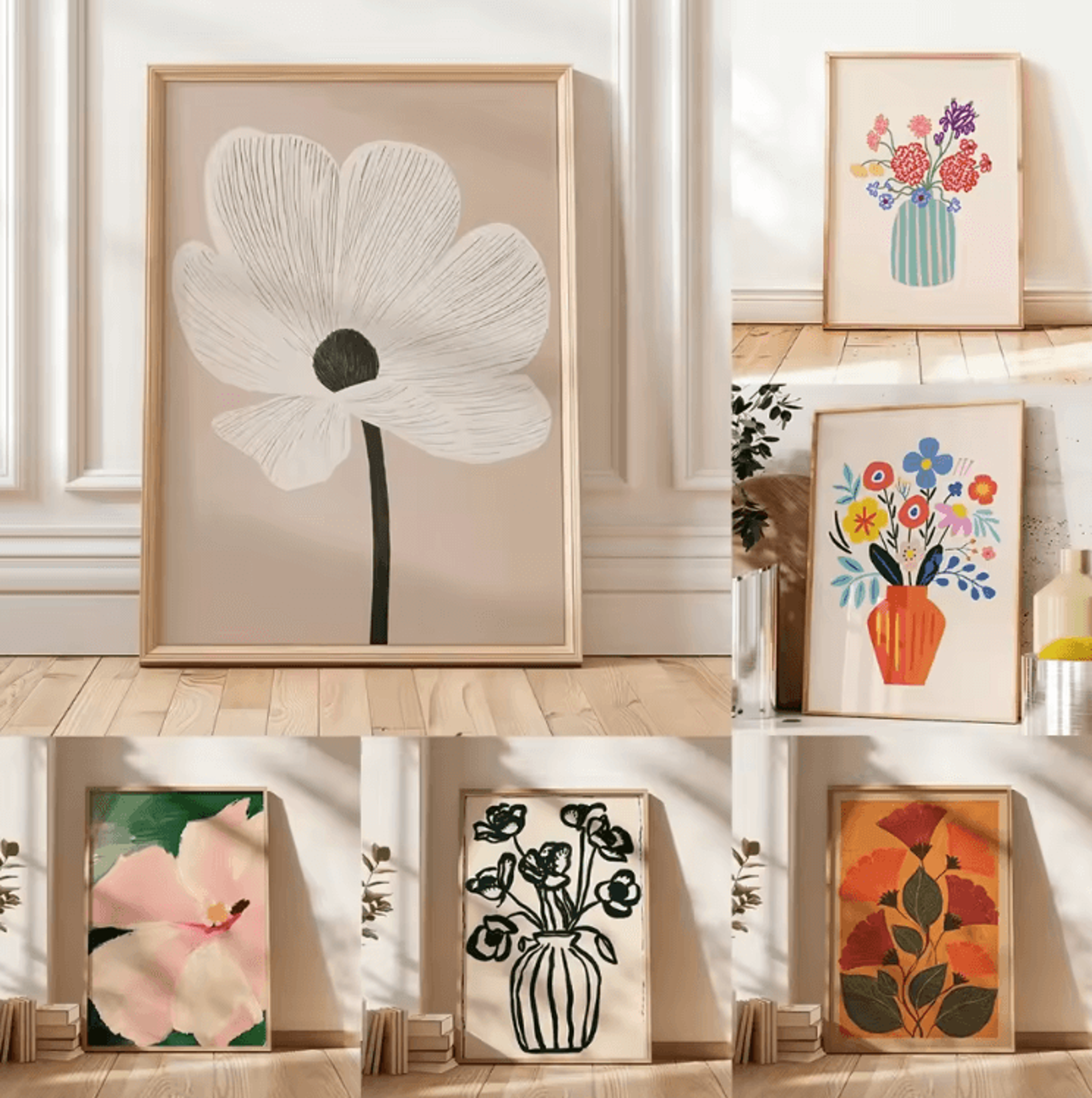 minimalist beige floral line canvas poster – modern botanical wall art (frameless)