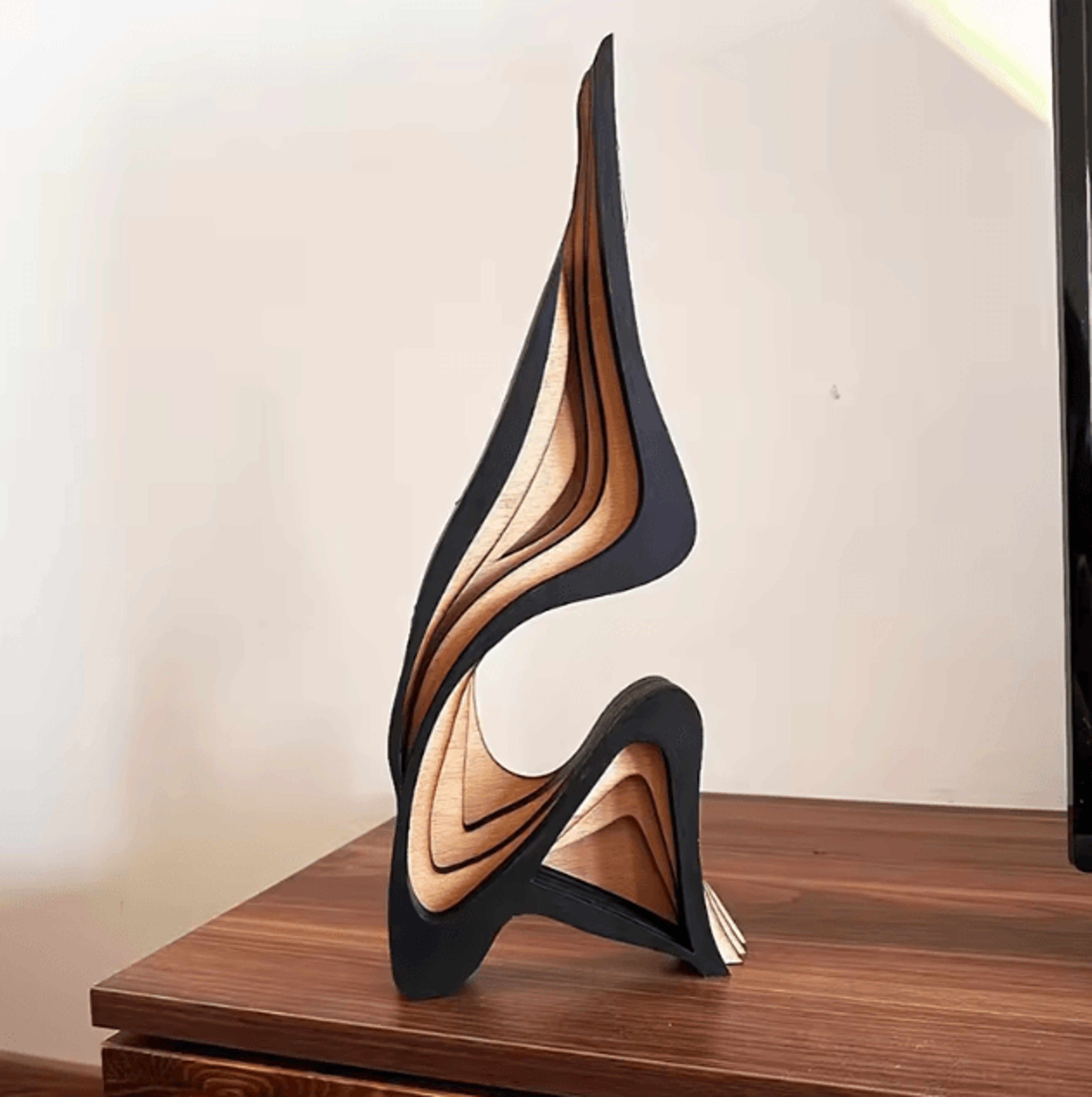 abstract curved wooden sculpture – minimalist bookshelf art decor