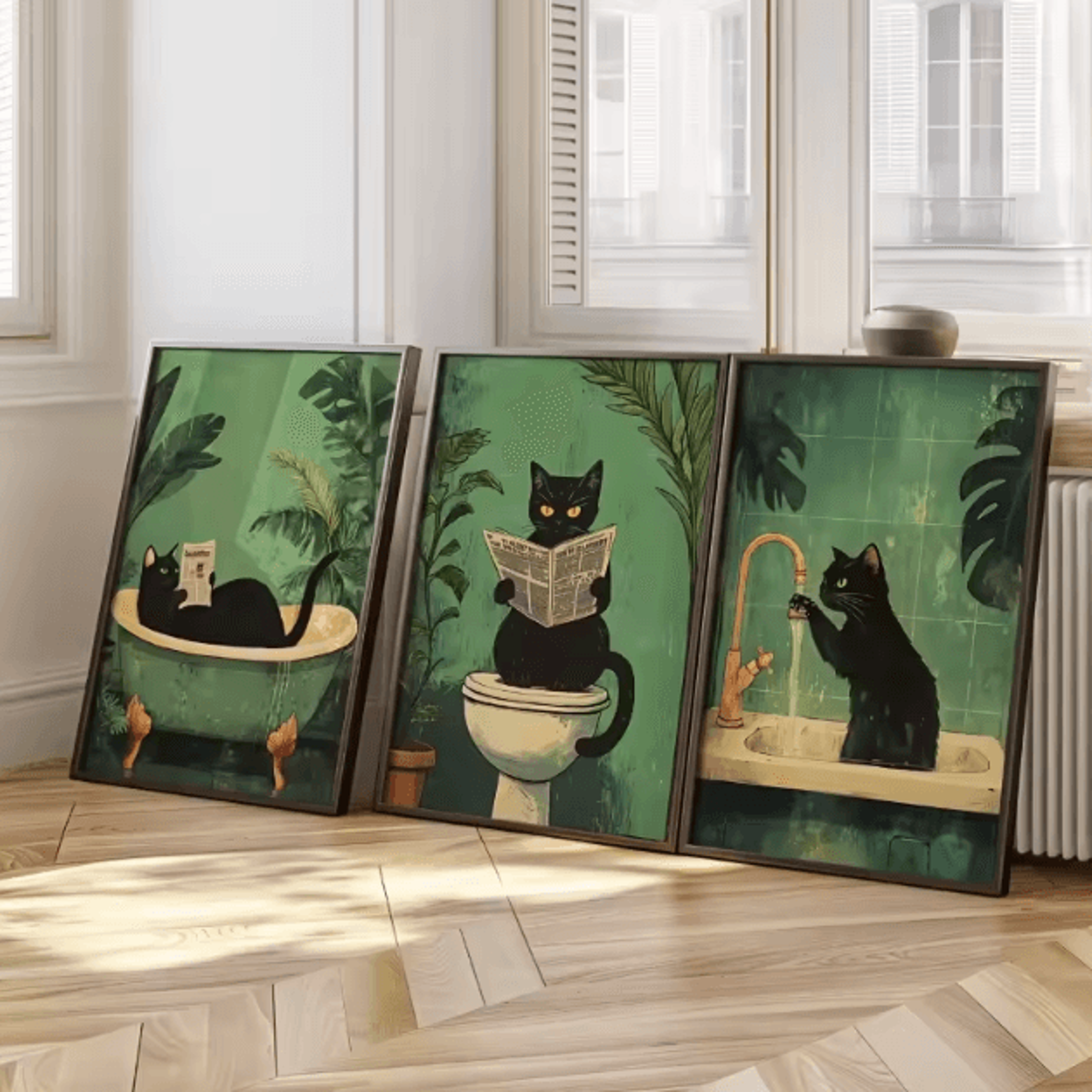 funny black cat bathroom wall art set – vintage toilet humor canvas prints (3pcs)