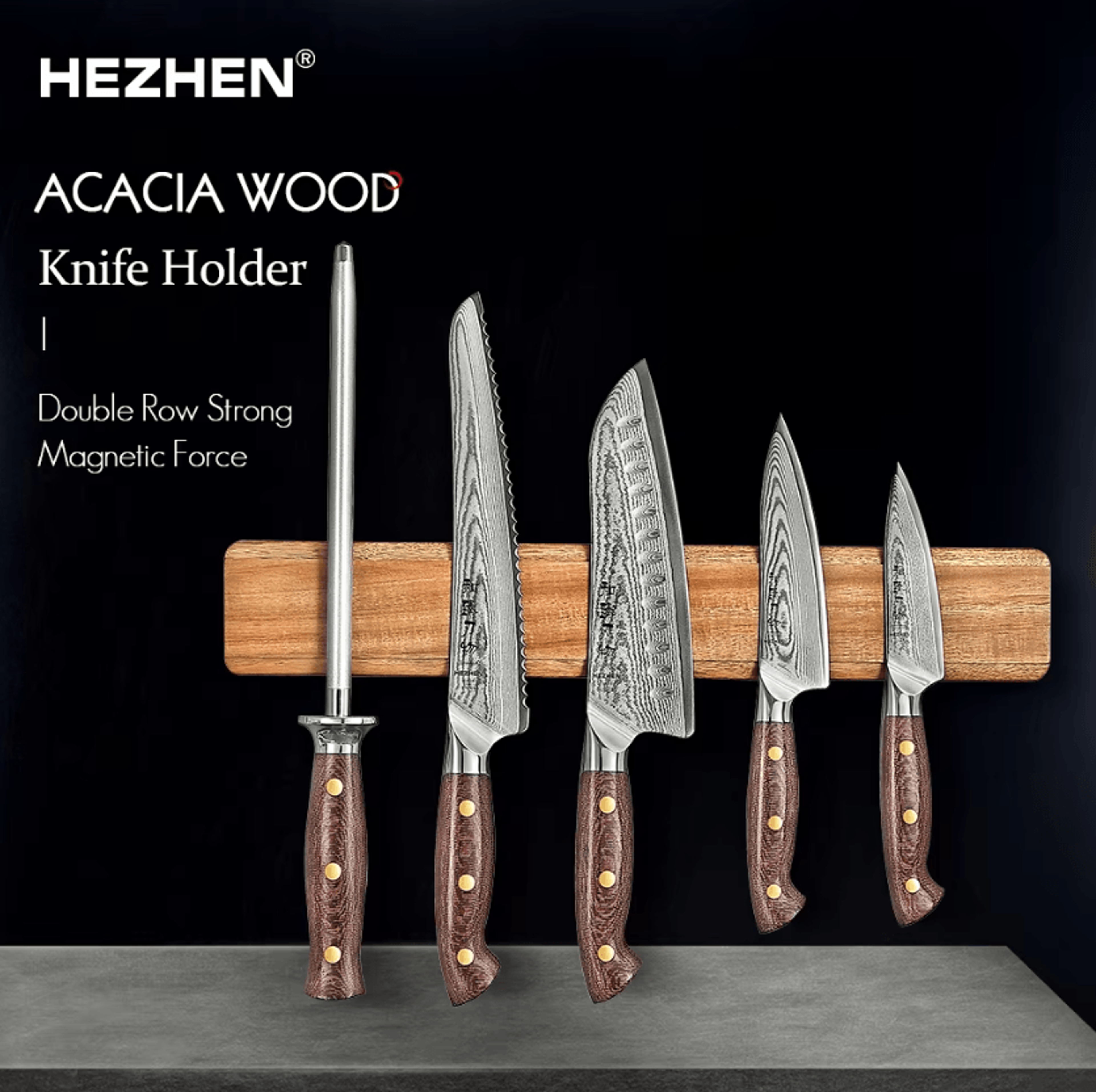 hezhen acacia wood magnetic knife holder – 400mm double-sided knife storage stand