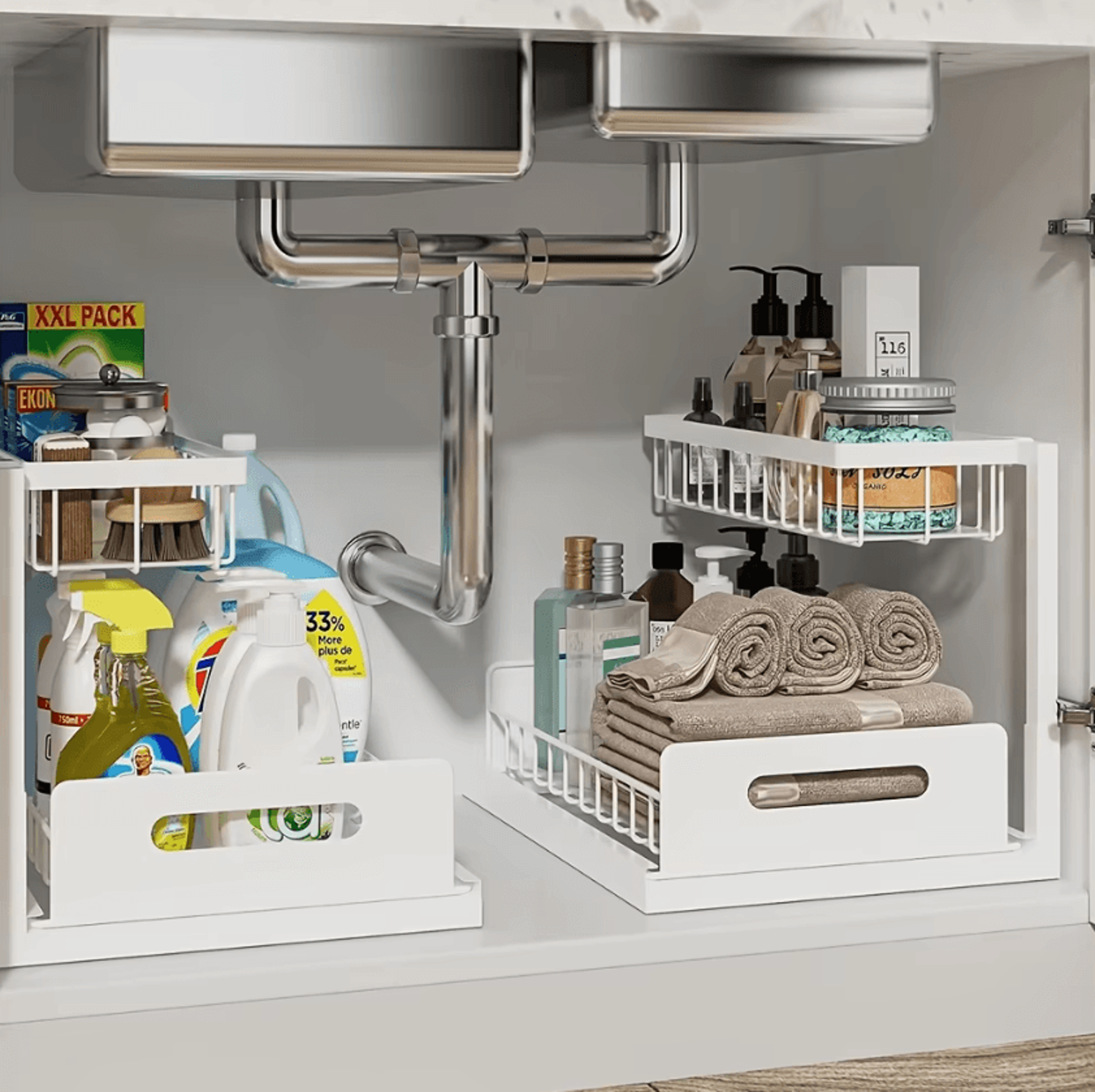 2-tier sliding under sink organizer – pull-out cabinet storage rack for kitchen & bathroom