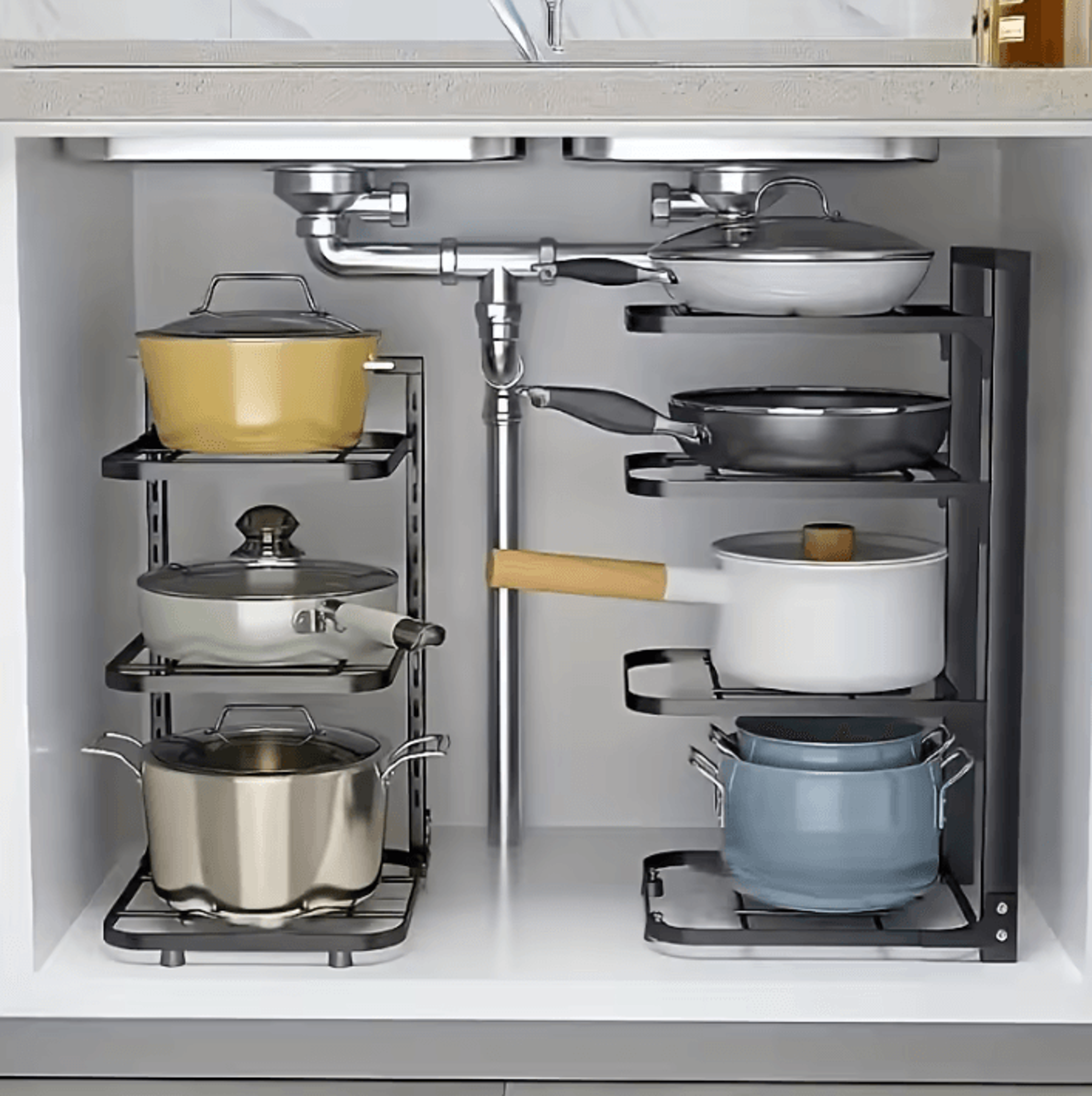 expandable stainless steel pot & pan organizer rack – adjustable multi-layer kitchen storage