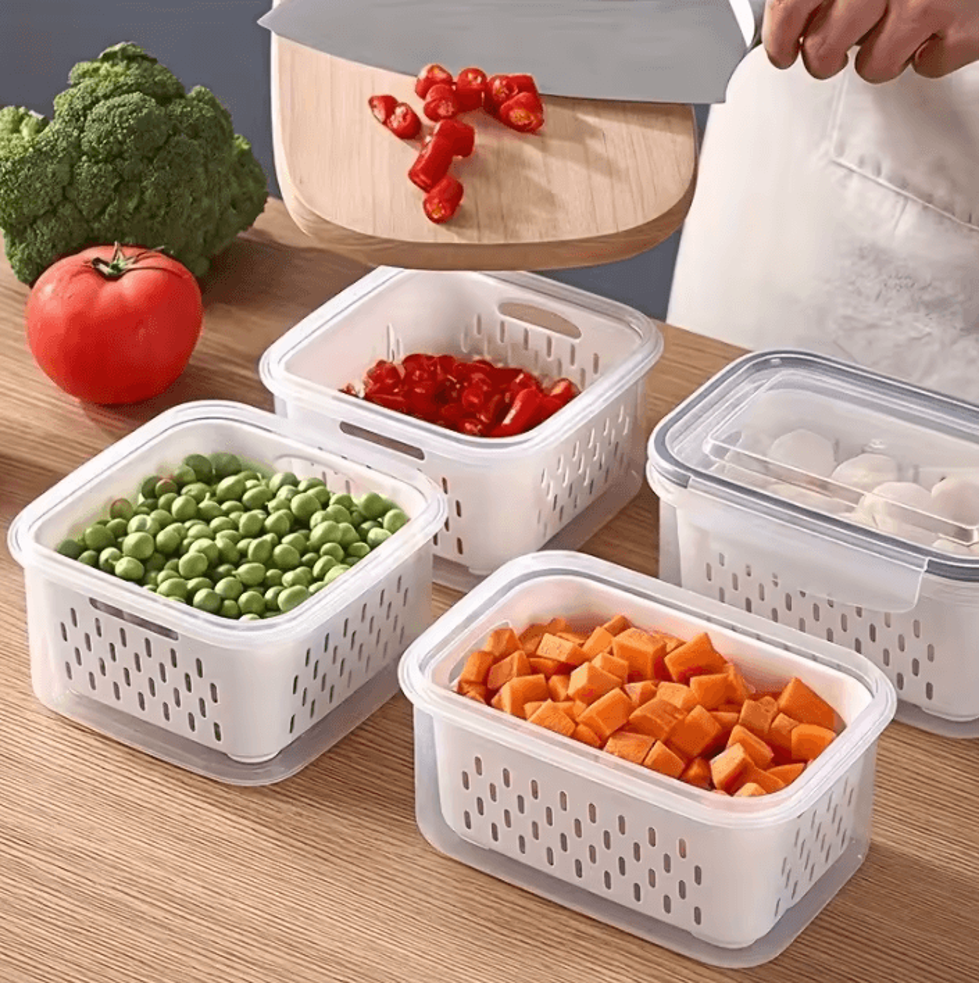 fridge food storage containers with strainer – fresh produce saver set for fruits, vegetables & meat