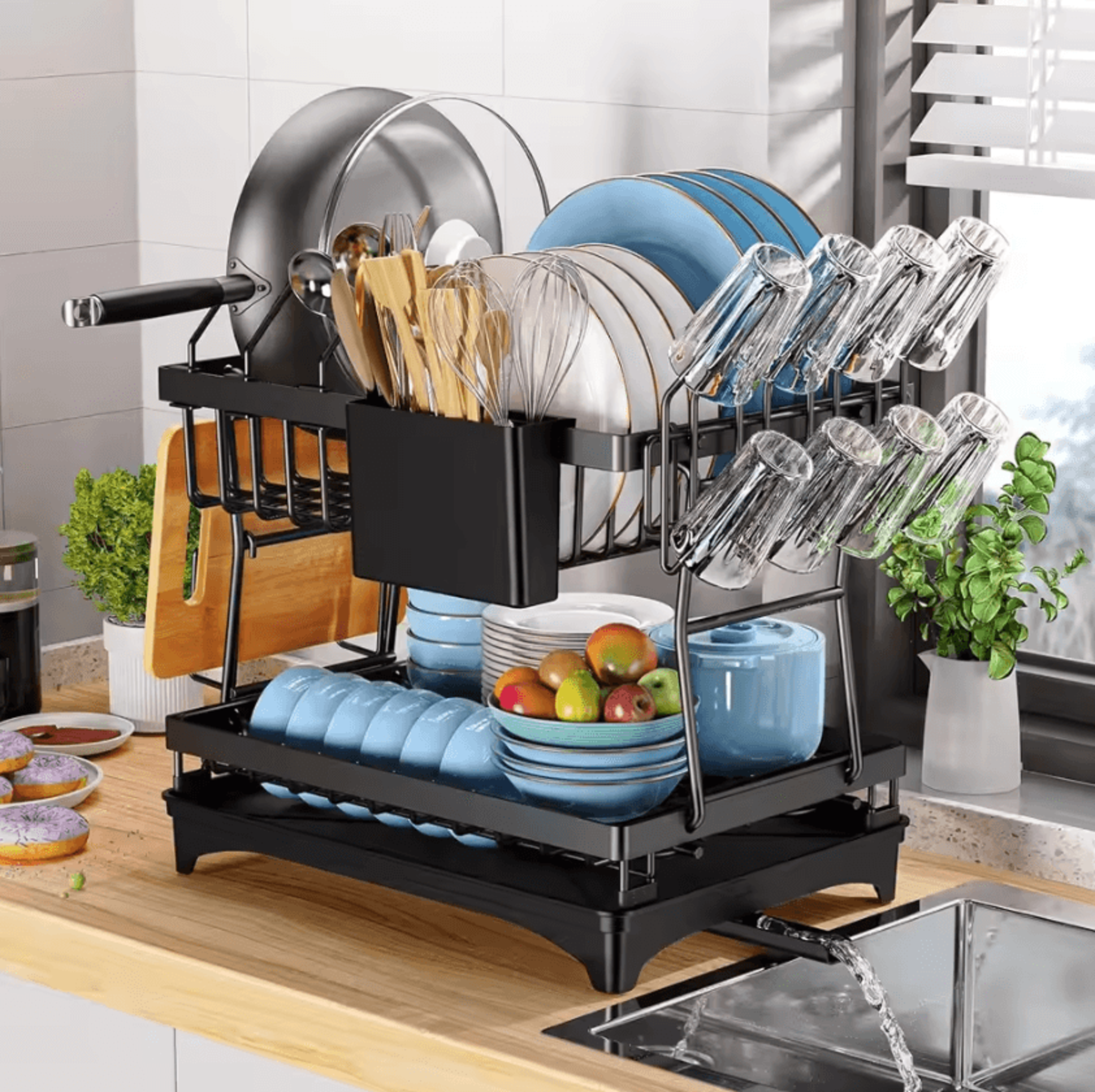 dryease 2 tier dish drying rack kitchen dish drying rack countertop dish drainer with drip tray metal dish rack