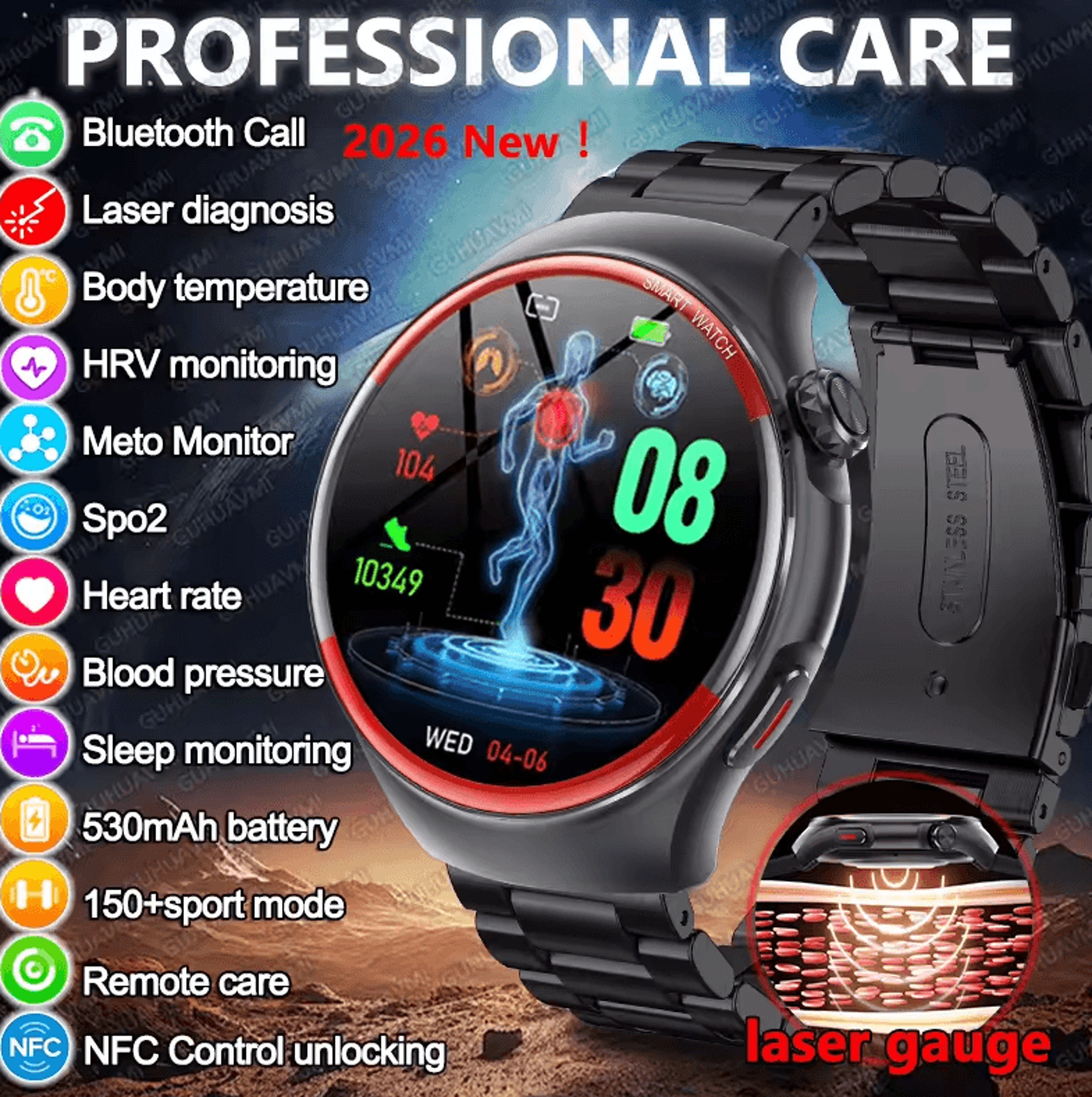 laser health monitoring smartwatch with blood pressure tracker & bluetooth call