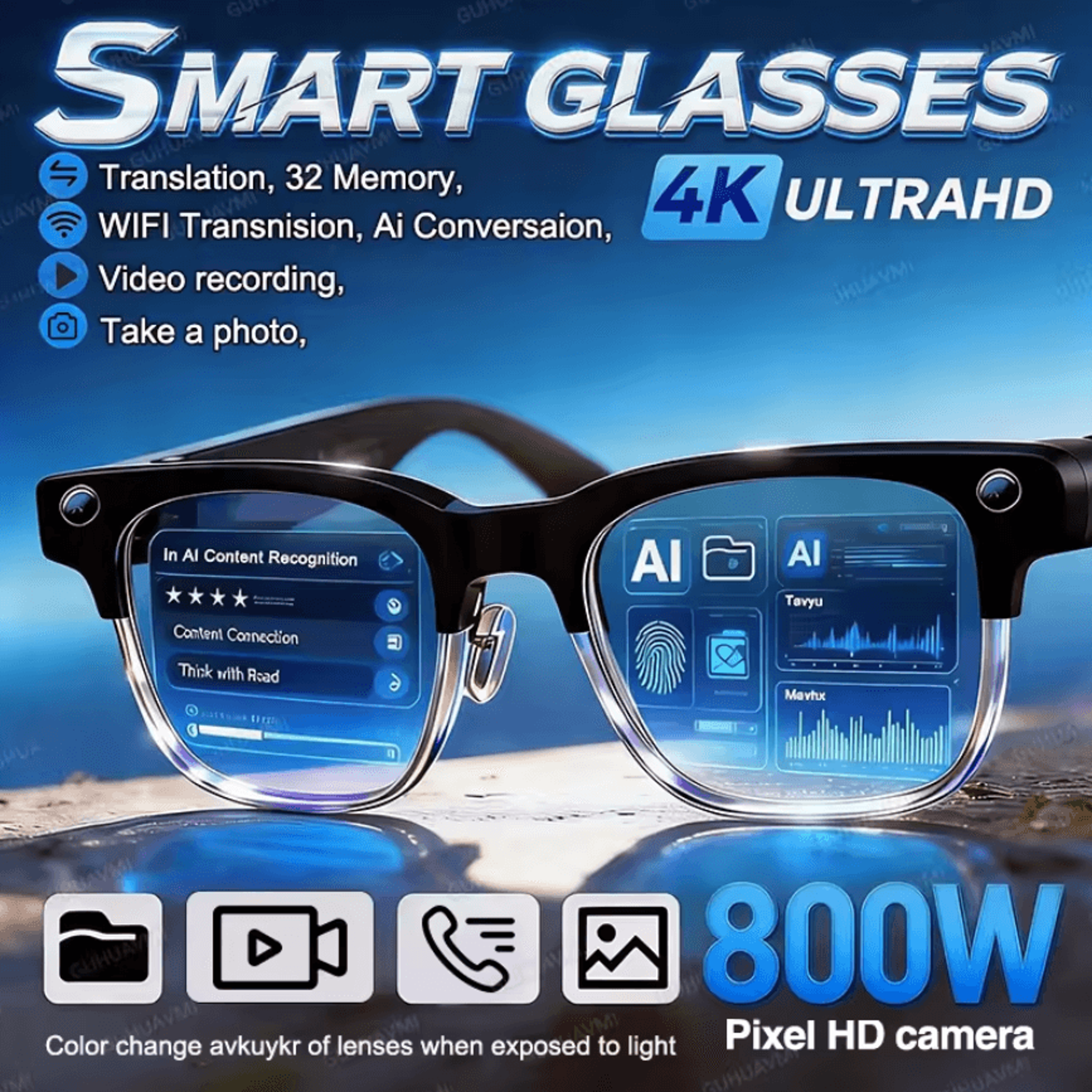 ai camera smart glasses with video recording, translation & bluetooth call
