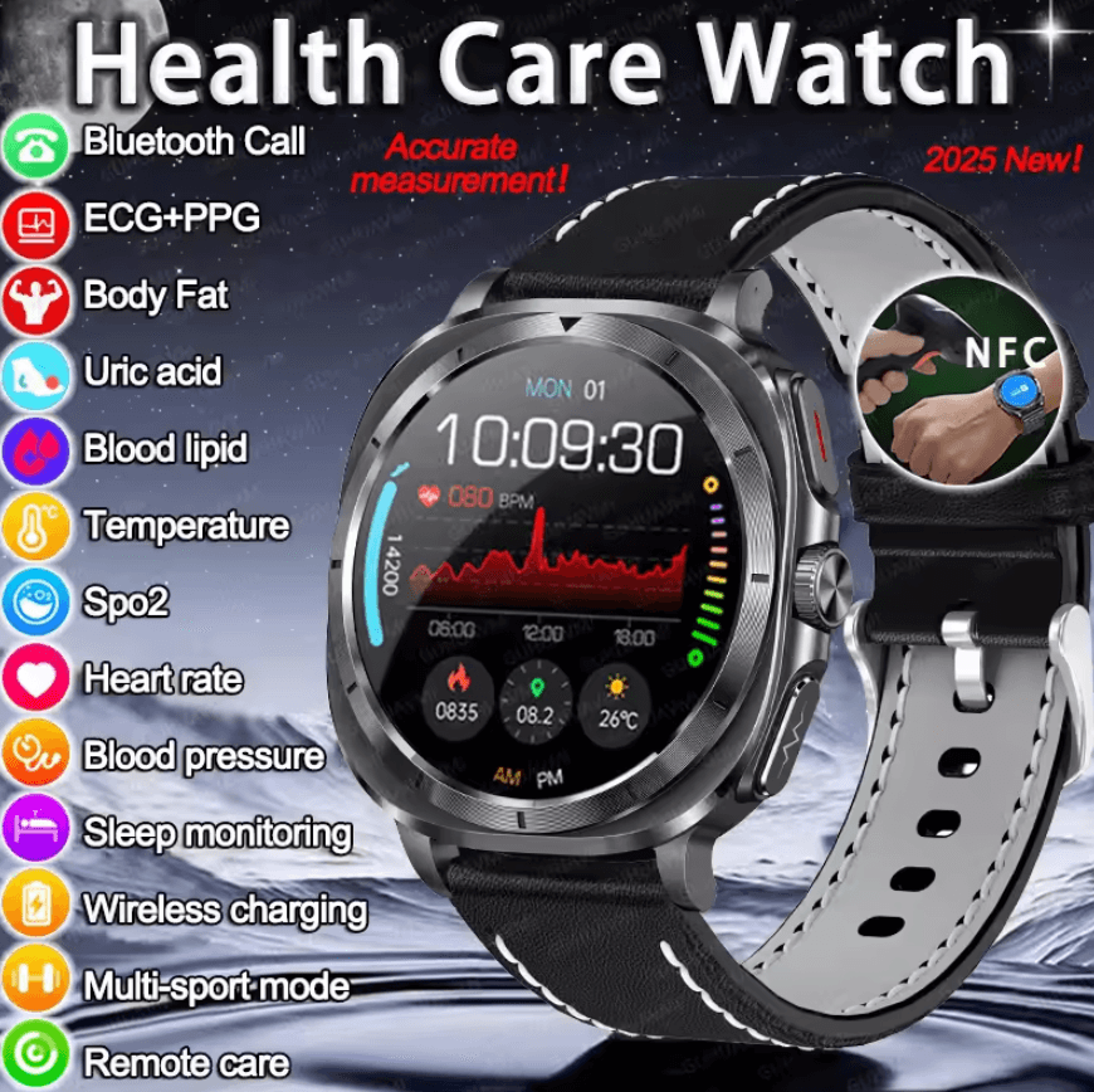 ai laser health smartwatch with ecg ppg, uric acid & blood lipid analysis
