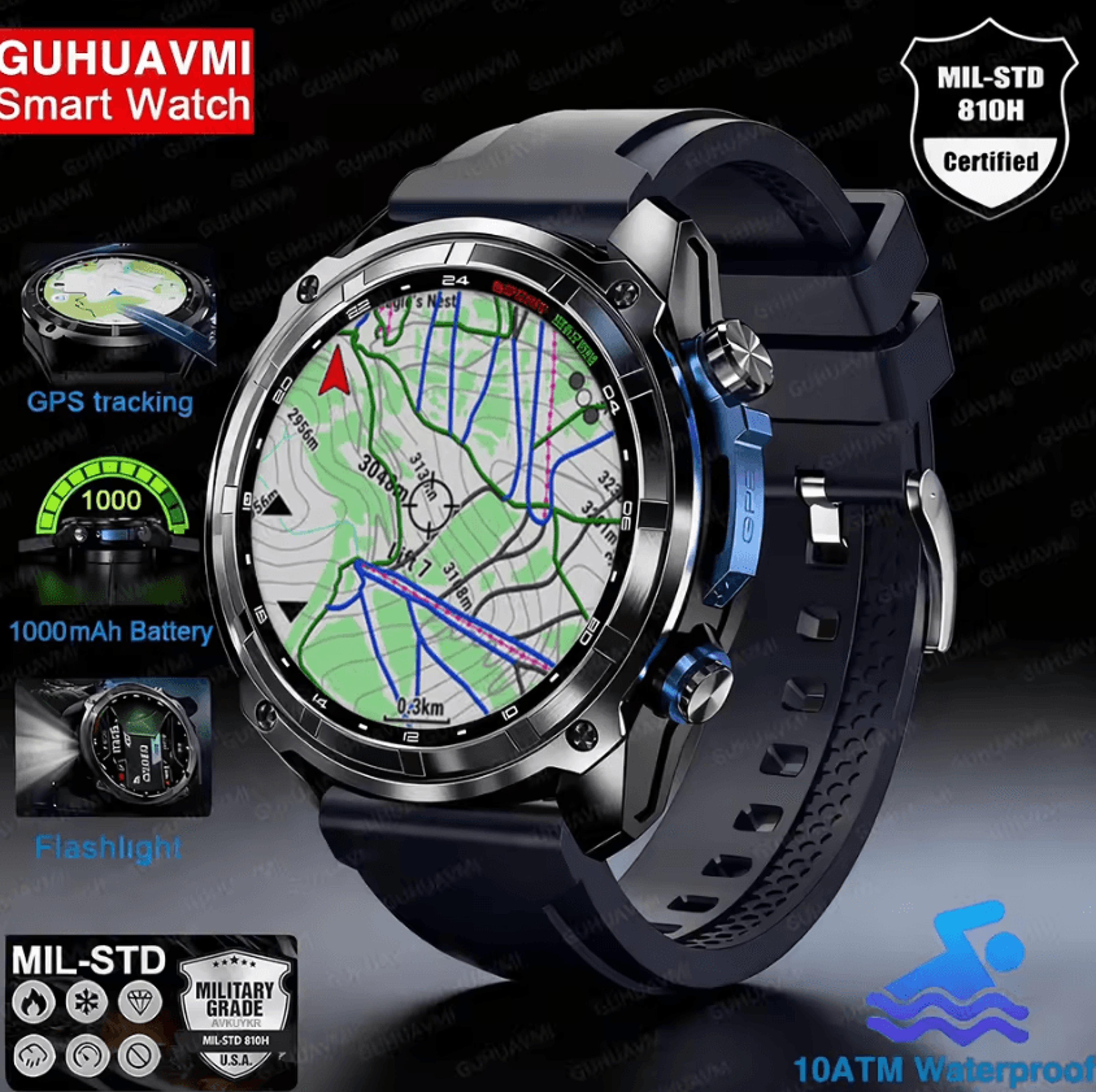 military offline map gps smartwatch with 4gb storage & 1000mah battery