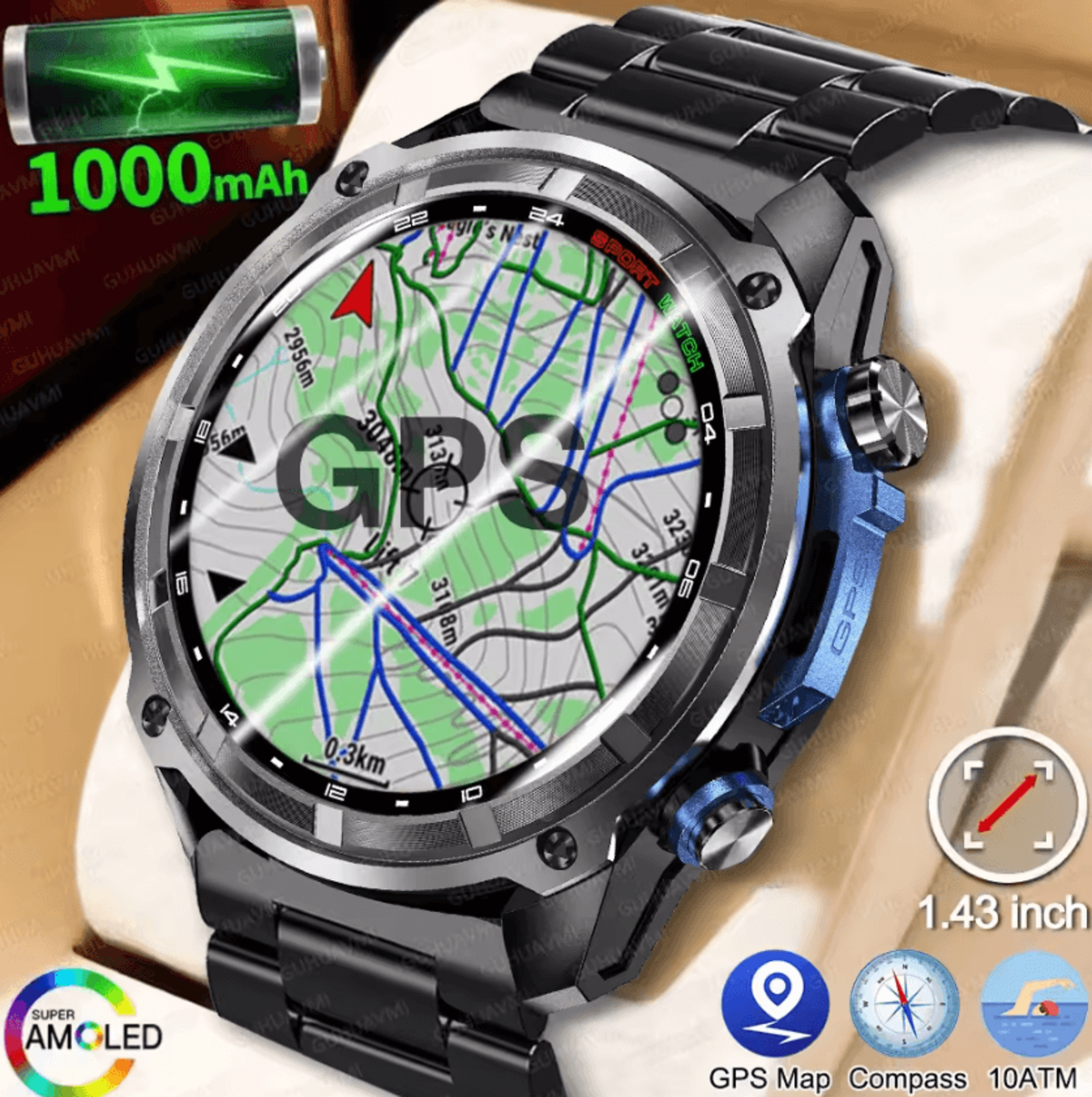 t-rex 3 pro military gps smartwatch with offline maps, 4gb storage & 1000mah battery