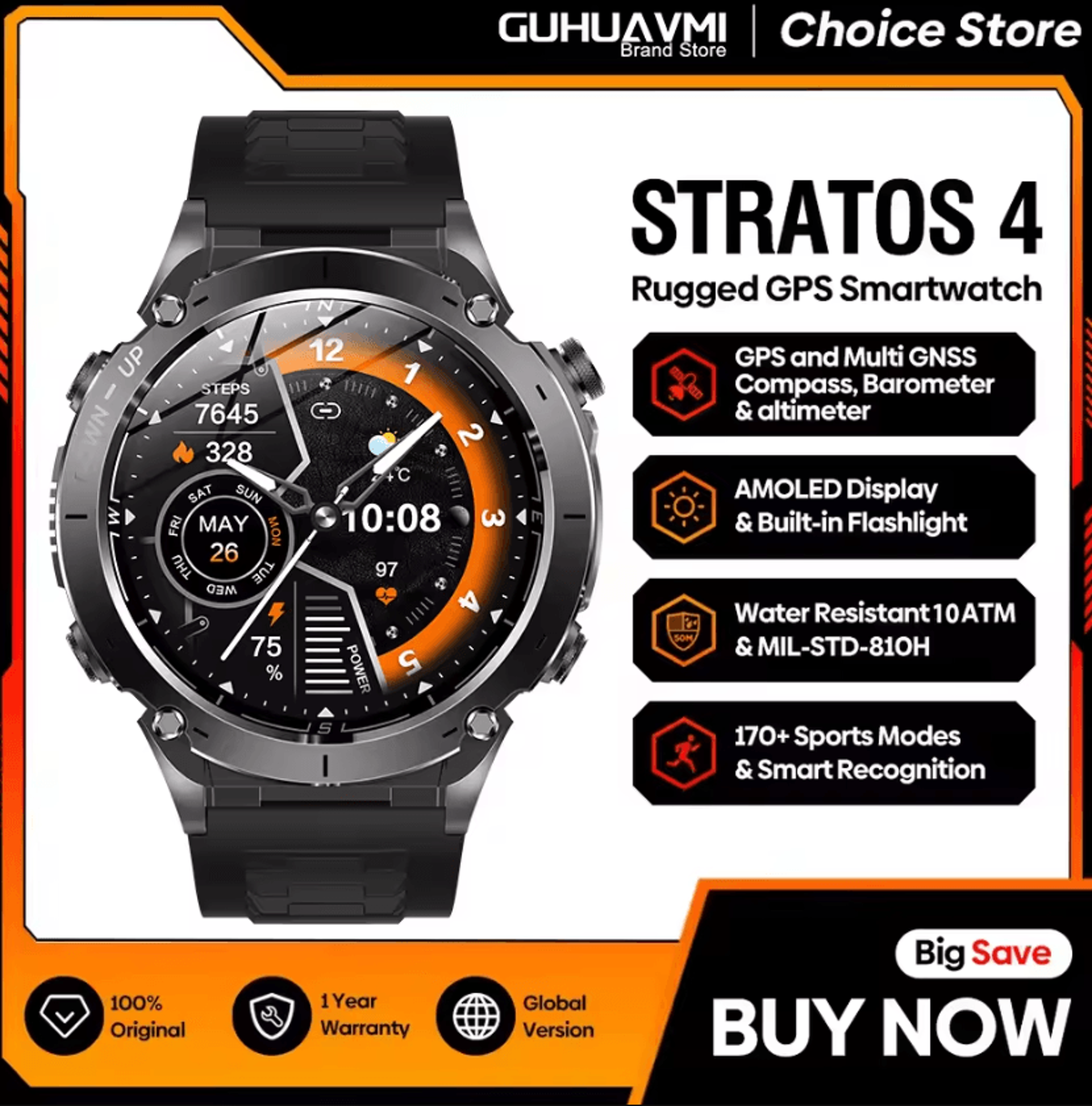 stratos 4 pro rugged gps smartwatch with amoled display & outdoor navigation