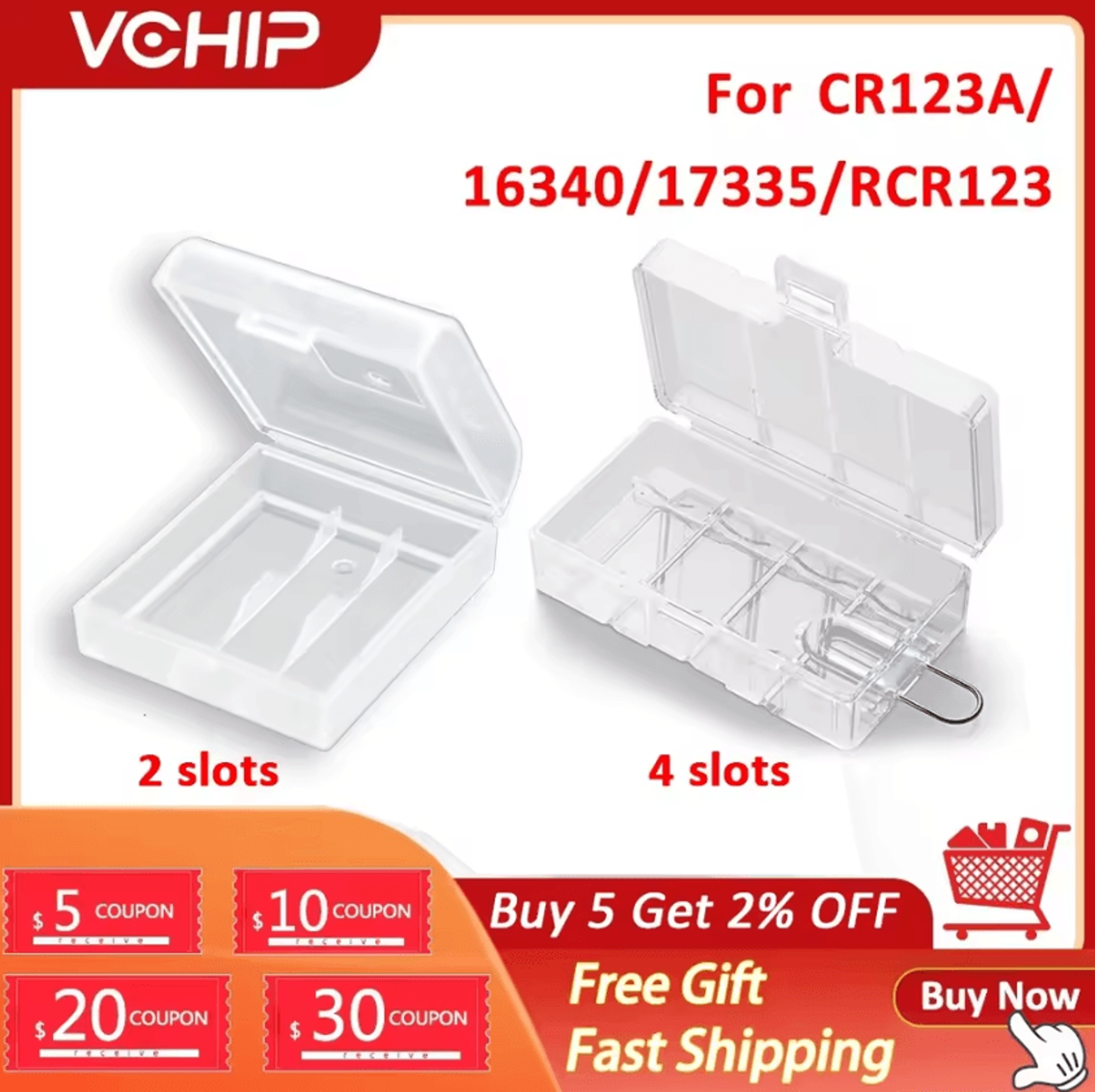 2-slot cr123/16340 battery storage case – transparent hard protective box