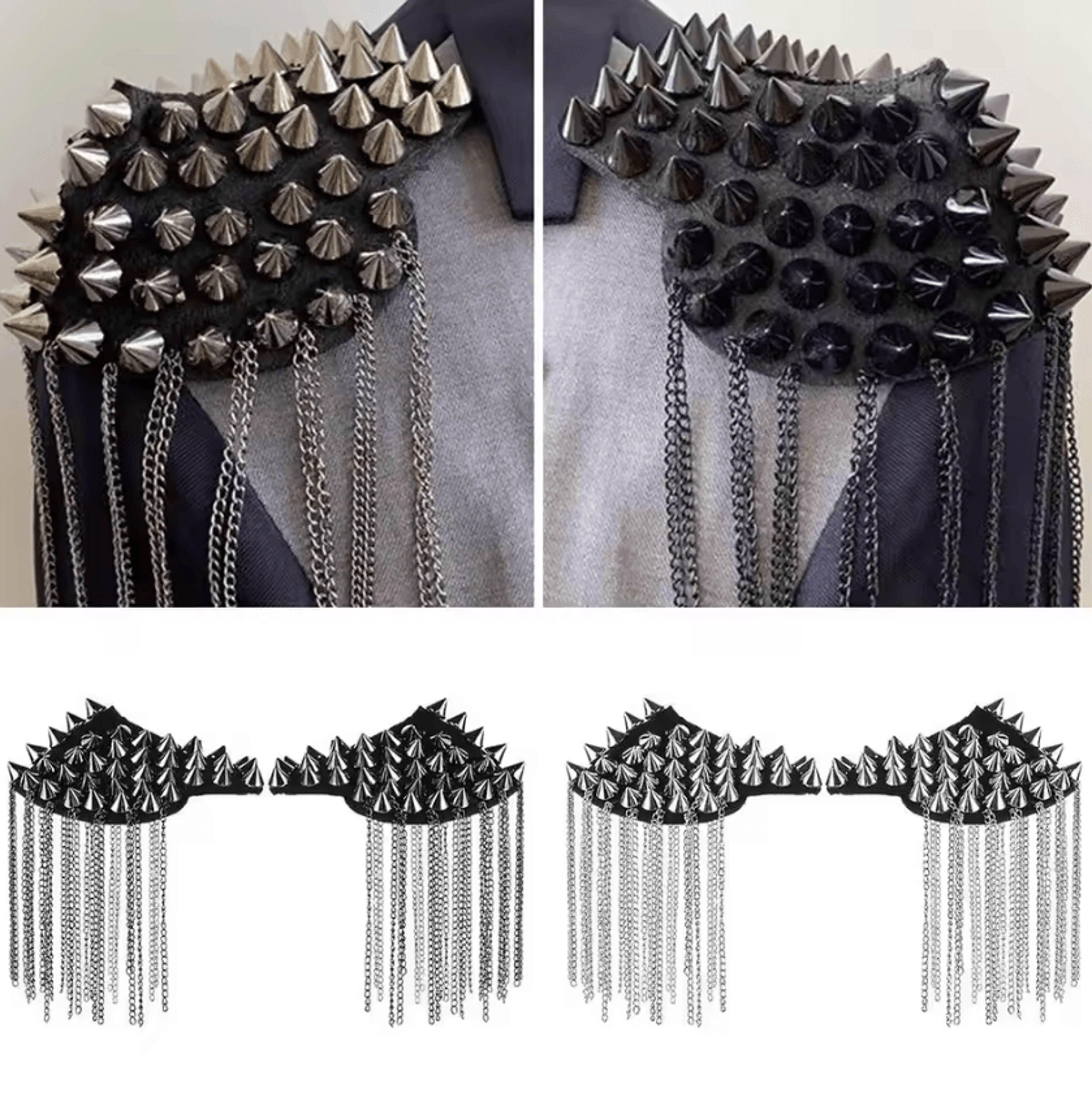 punk chain tassel shoulder epaulet brooch – metal rivet statement shoulder pads (1 pair)