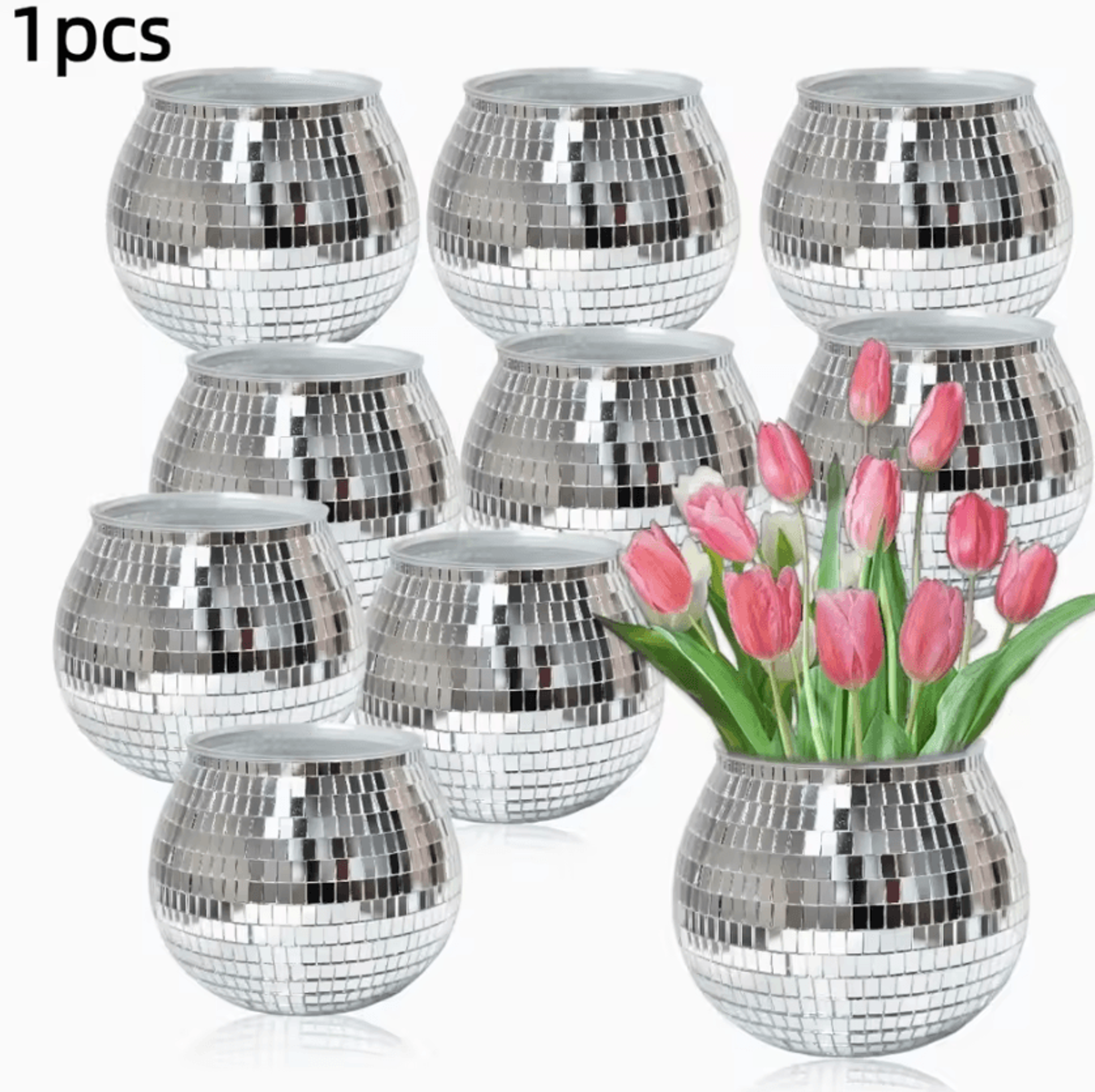 discoglow mirror ball planter vase – sparkling silver glass flower pot decor