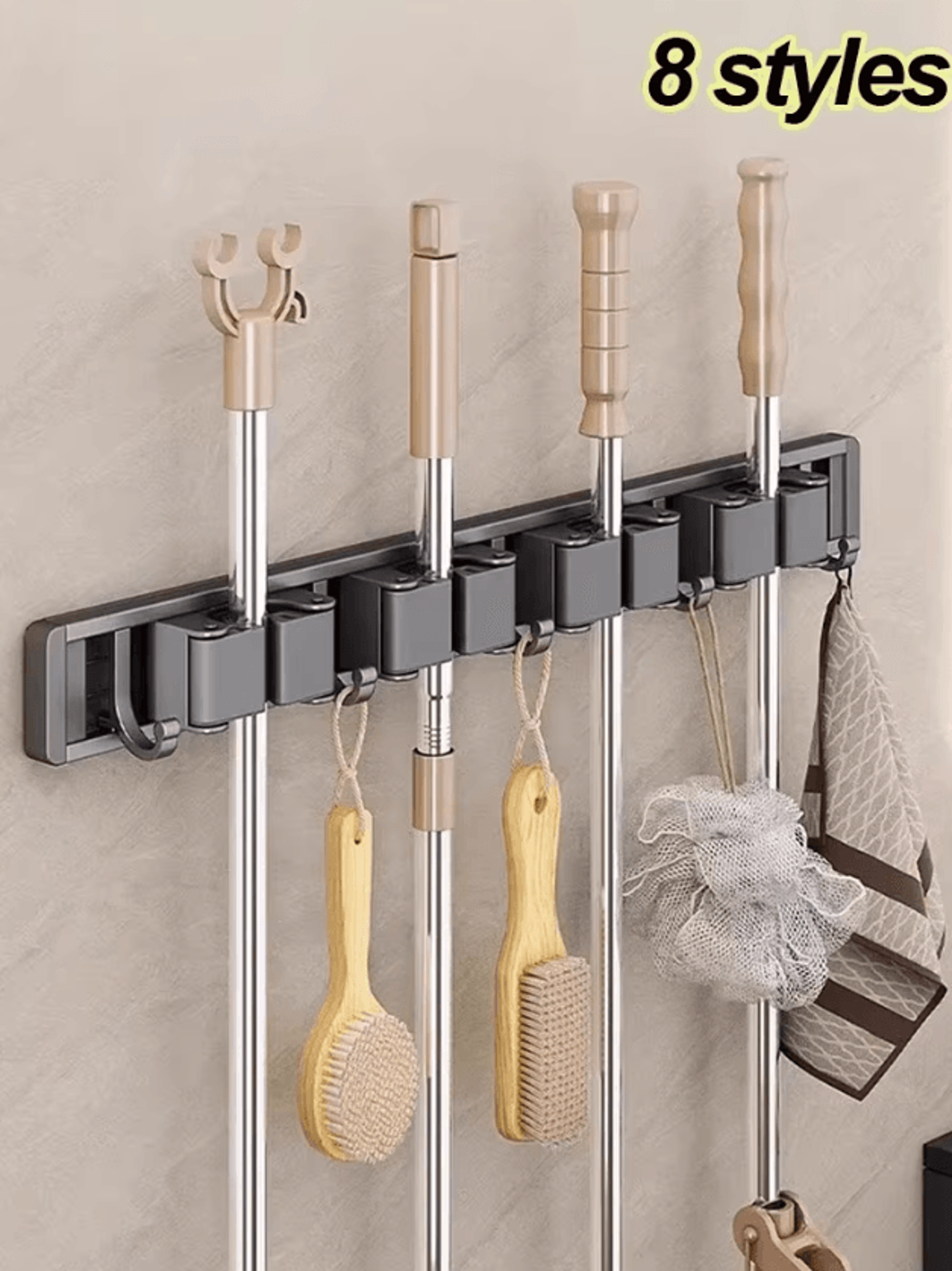 wall mounted mop & broom holder rack with 5 hooks
