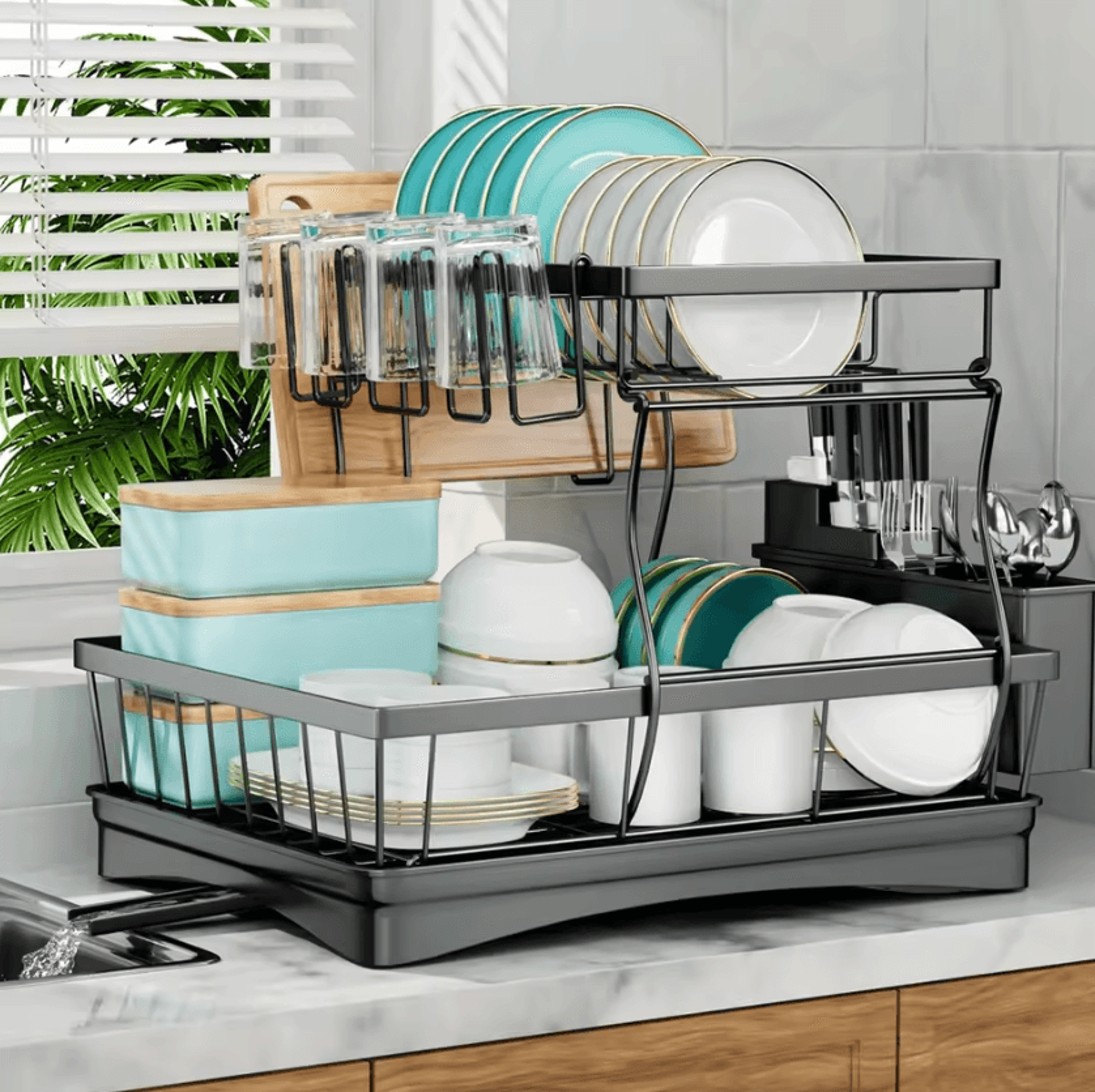 large 2-tier dish drying rack with removable drainboard