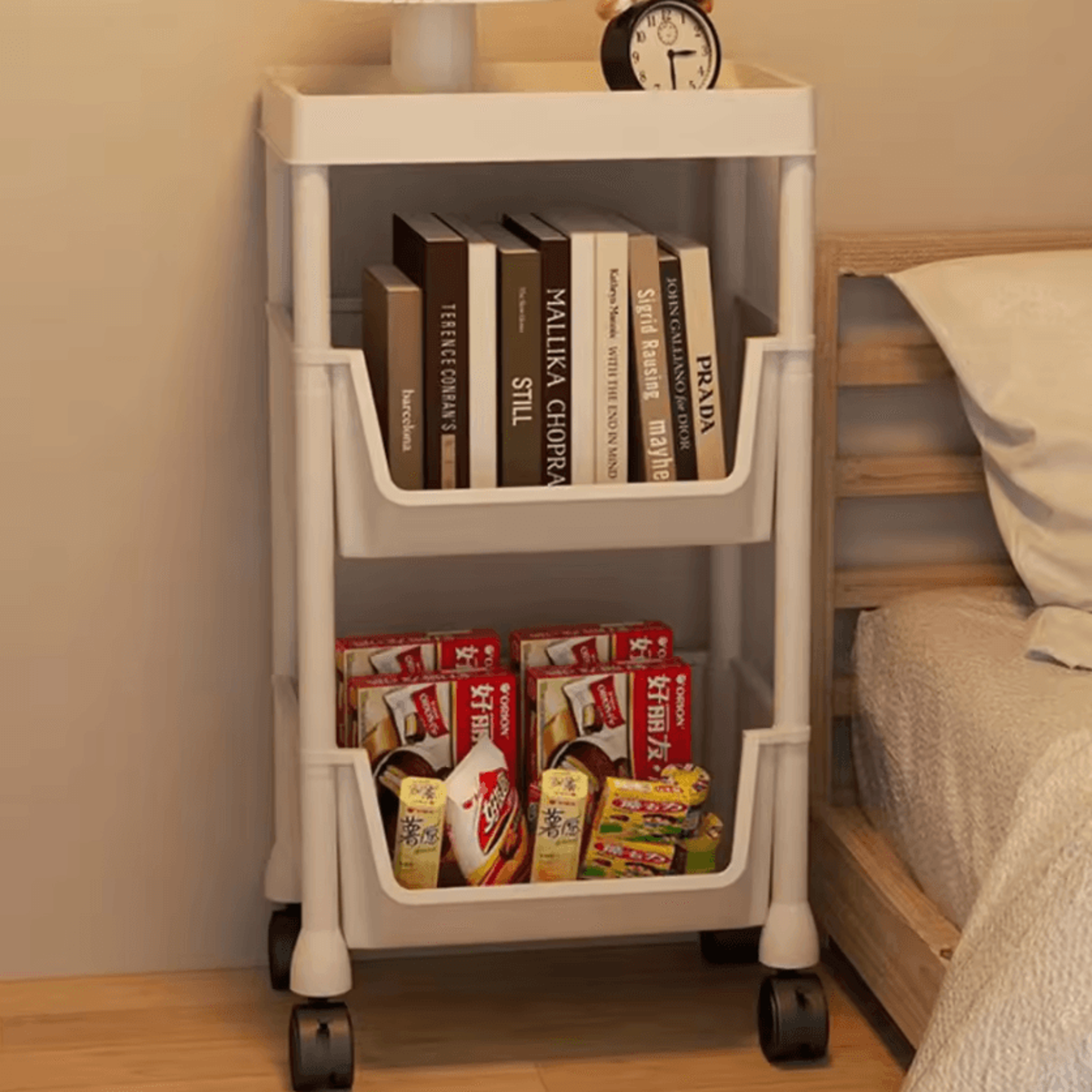 portable rolling bookshelf trolley with wheels & storage shelves