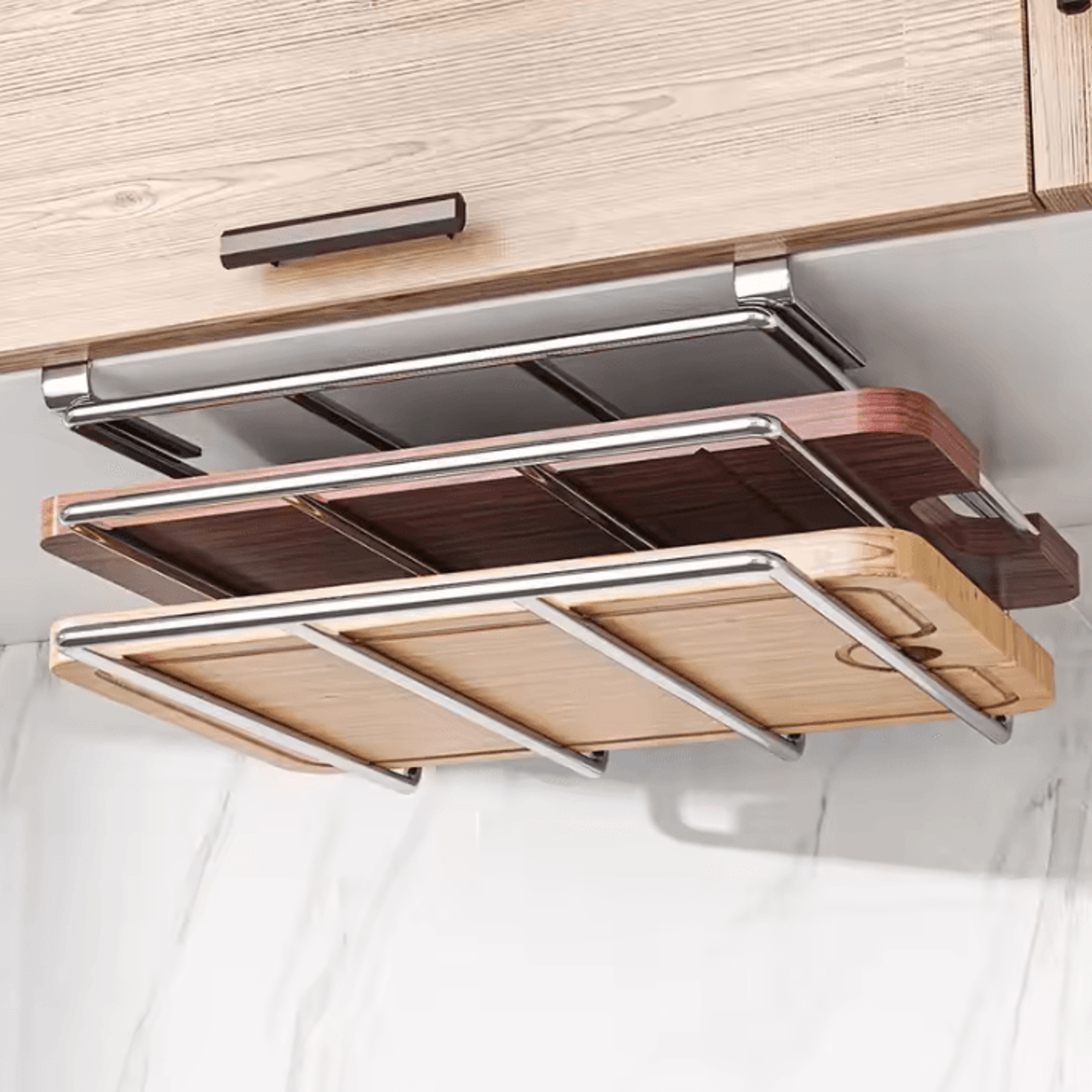 slidestore under cabinet cutting board & pot lid organizer rack