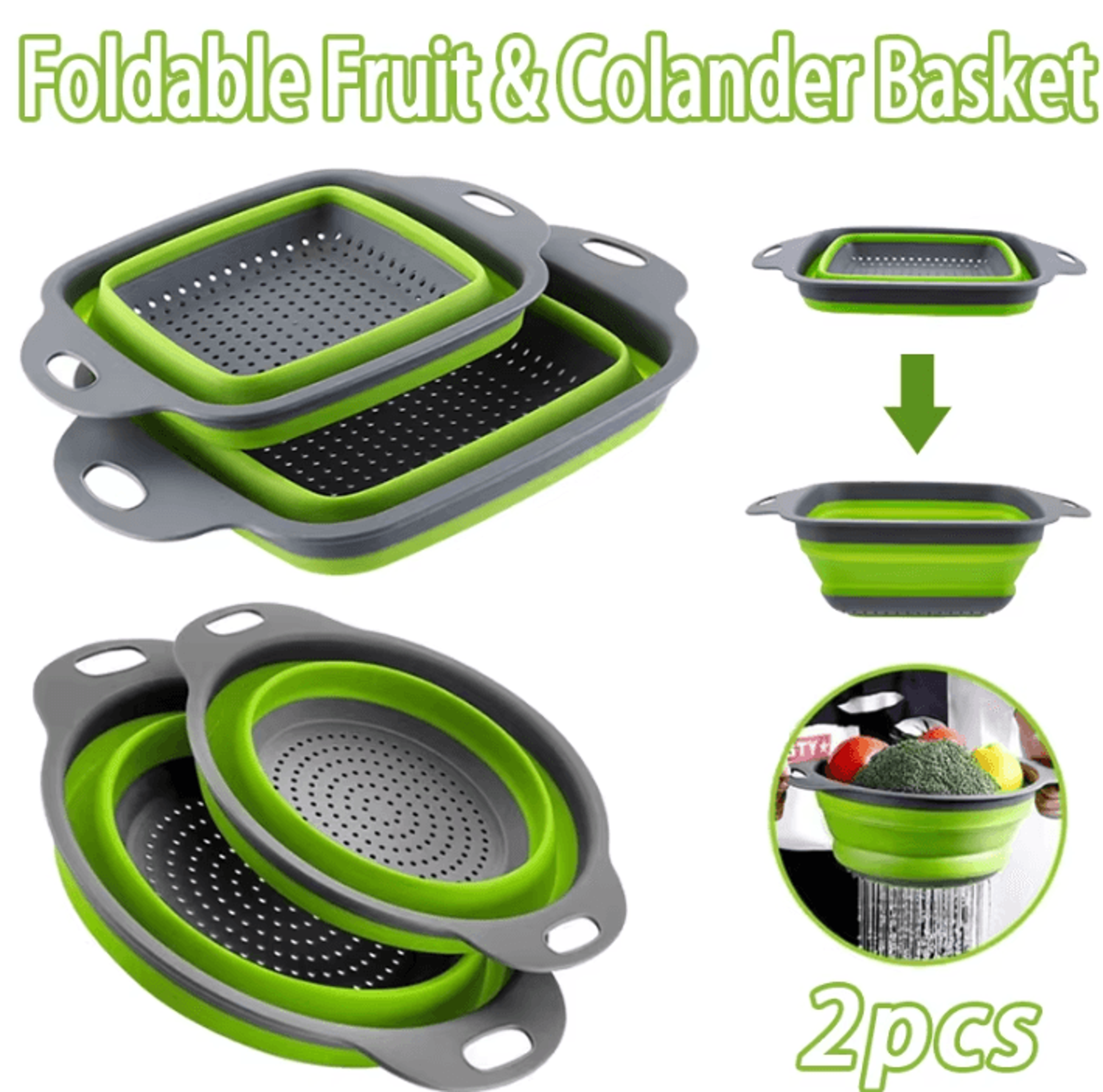 flexdrain silicone folding colander basket – portable kitchen strainer