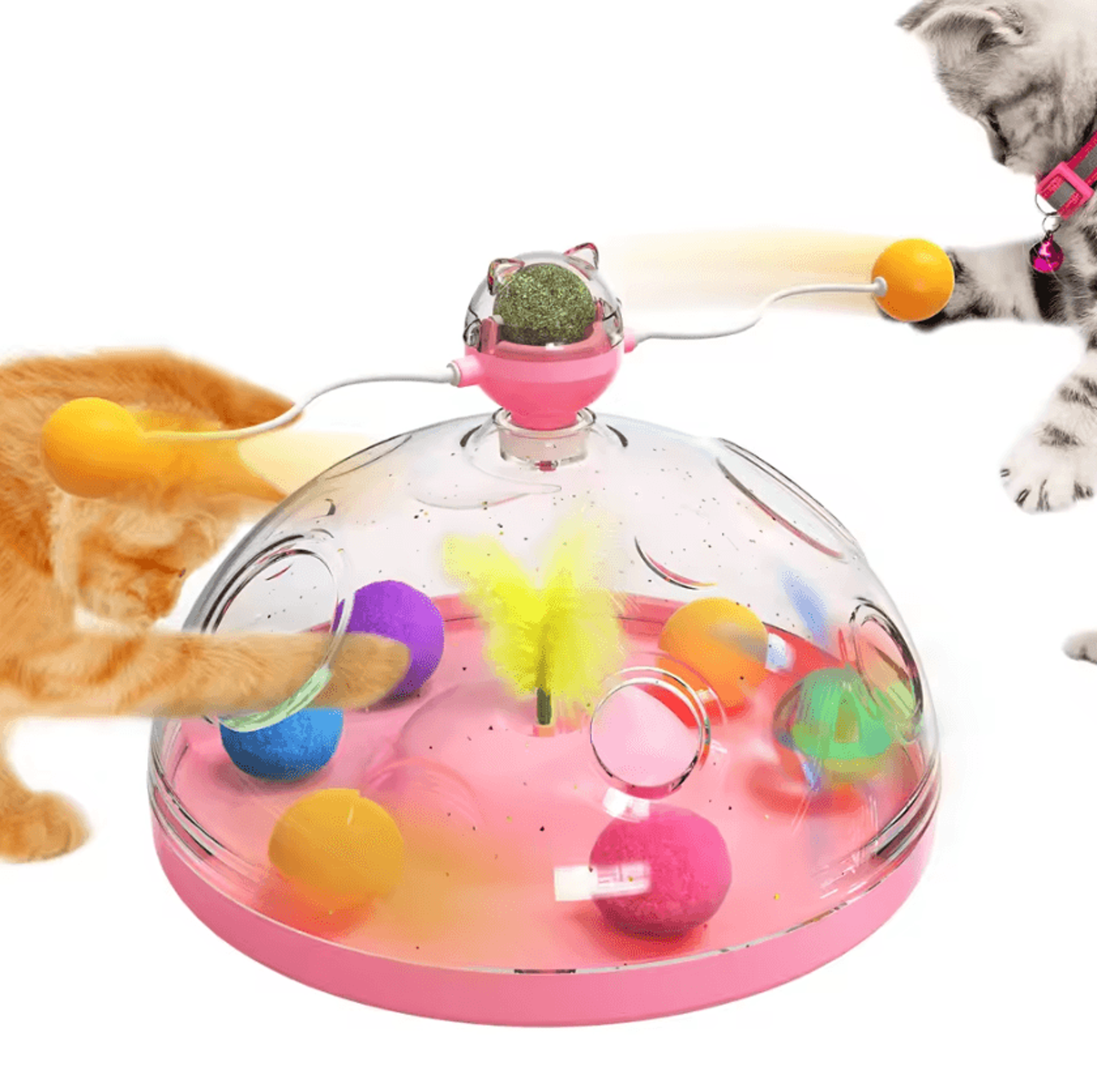 interactive cat puzzle toy with spinning track balls & feather teaser