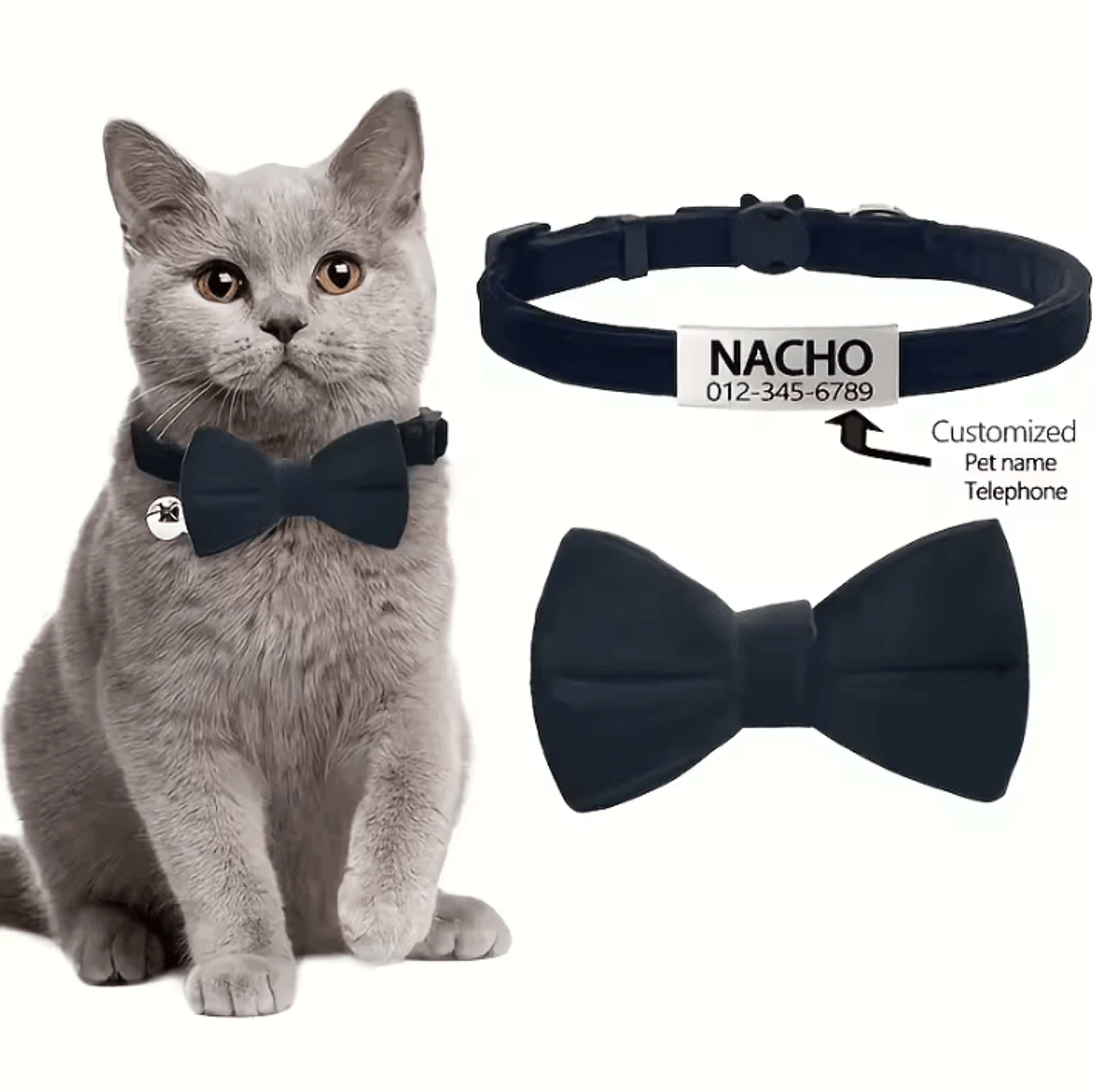 purrcharm personalized cat bow tie collar with engraved name tag