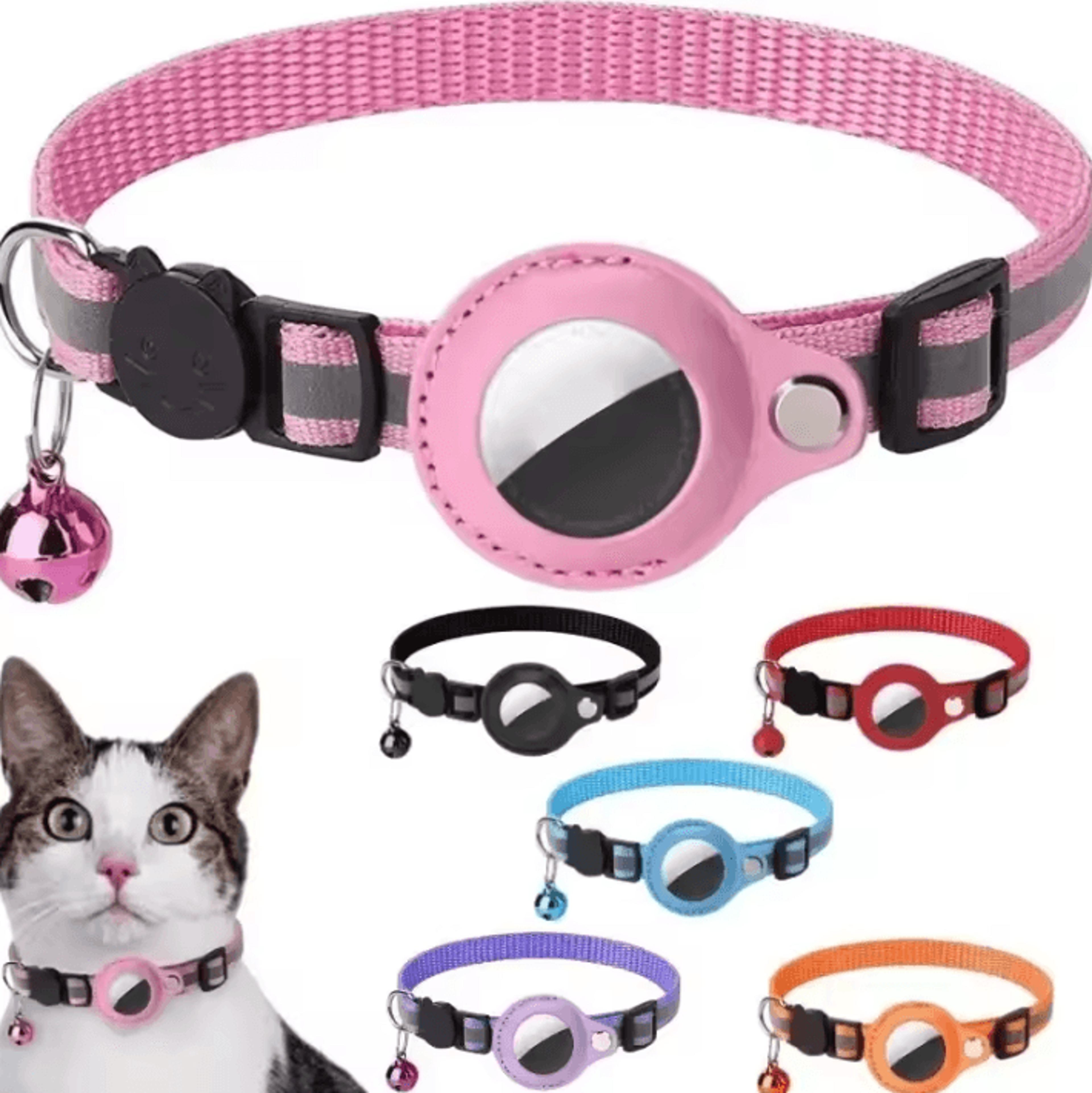reflective airtag cat collar – anti-lost gps tracker collar with bell & protective holder