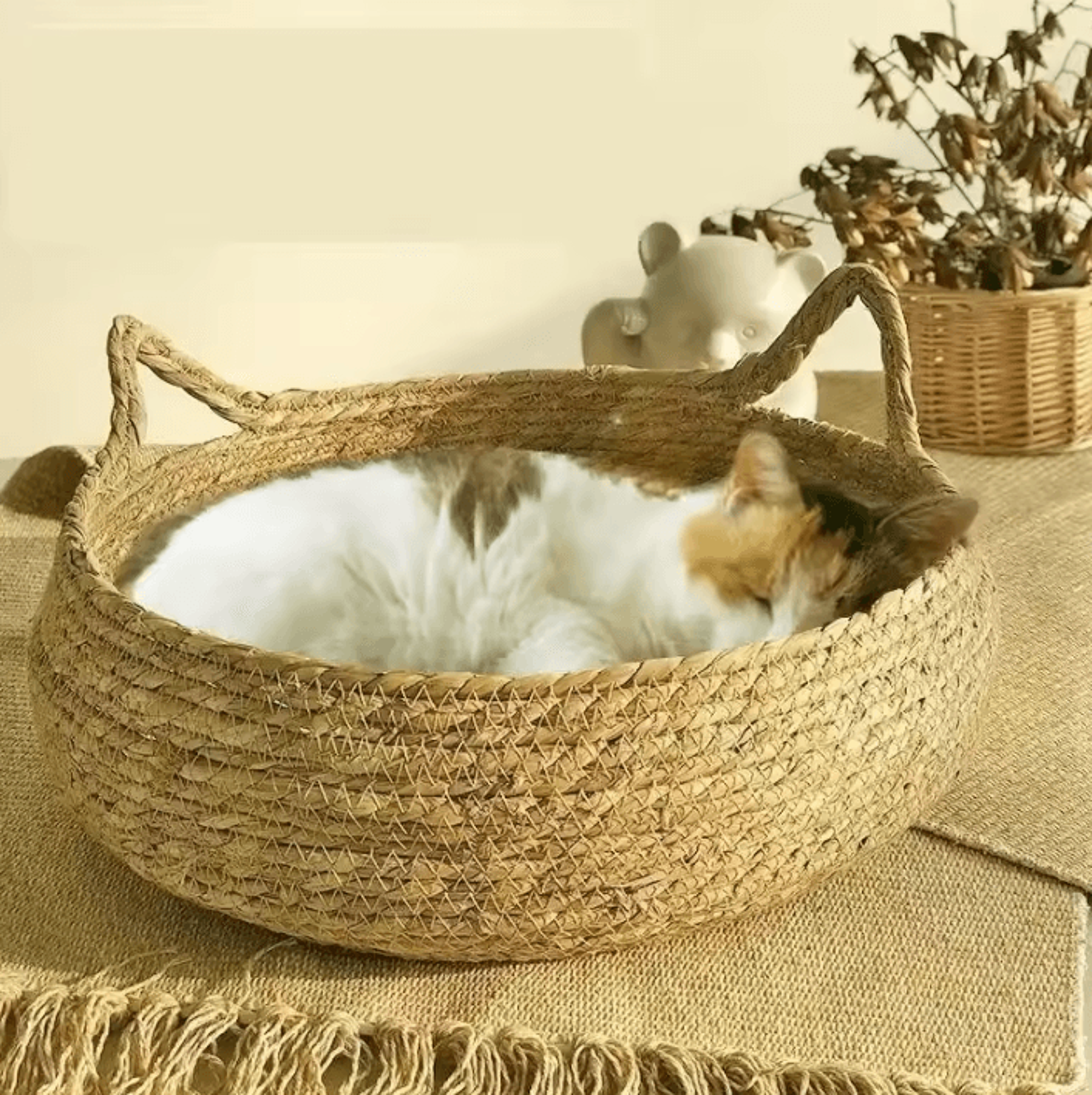 handwoven rattan cat nest bed with removable cushion