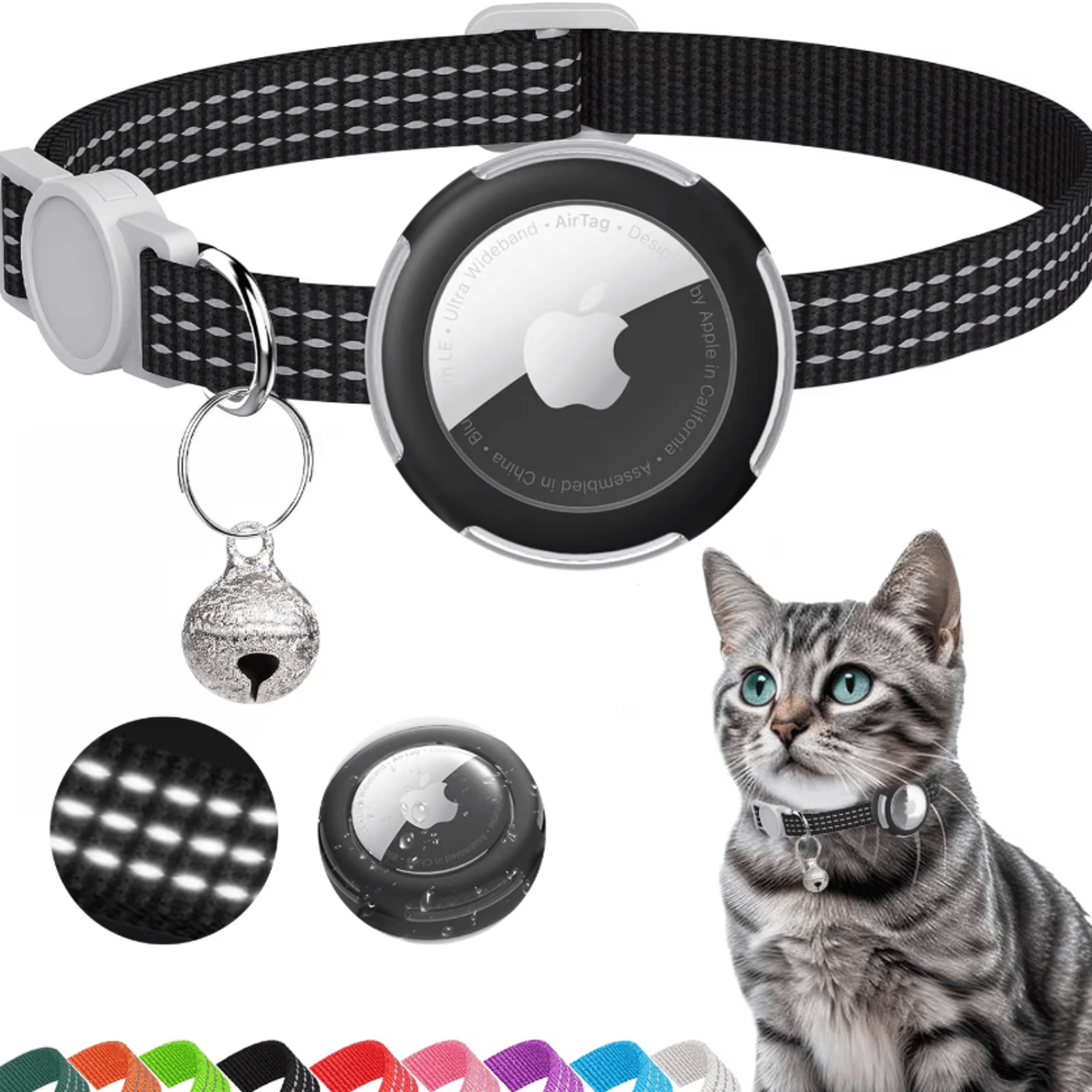 reflective airtag cat collar with breakaway safety buckle & bell