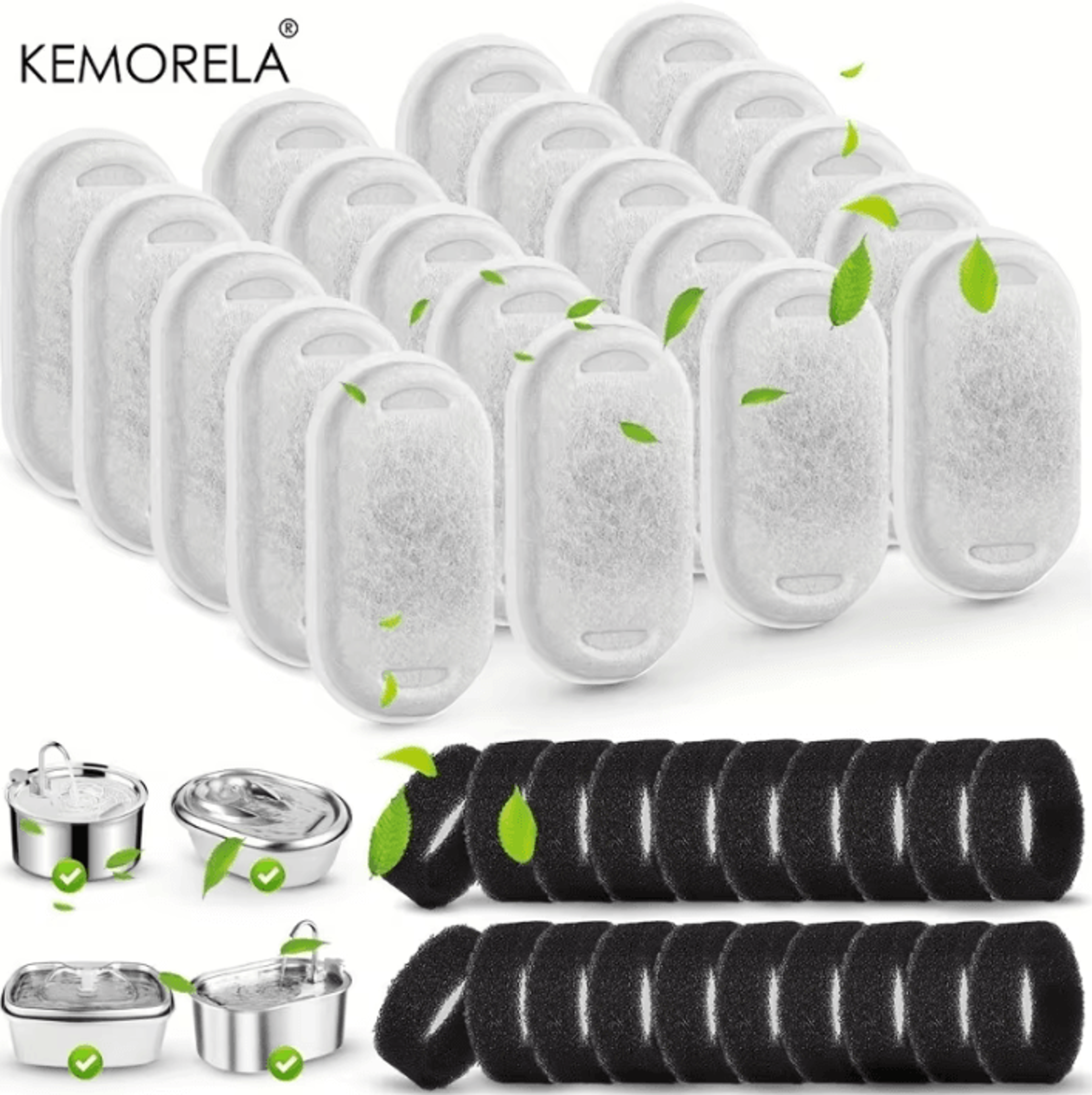 20pcs activated carbon pet water fountain filters with 20 replacement sponges