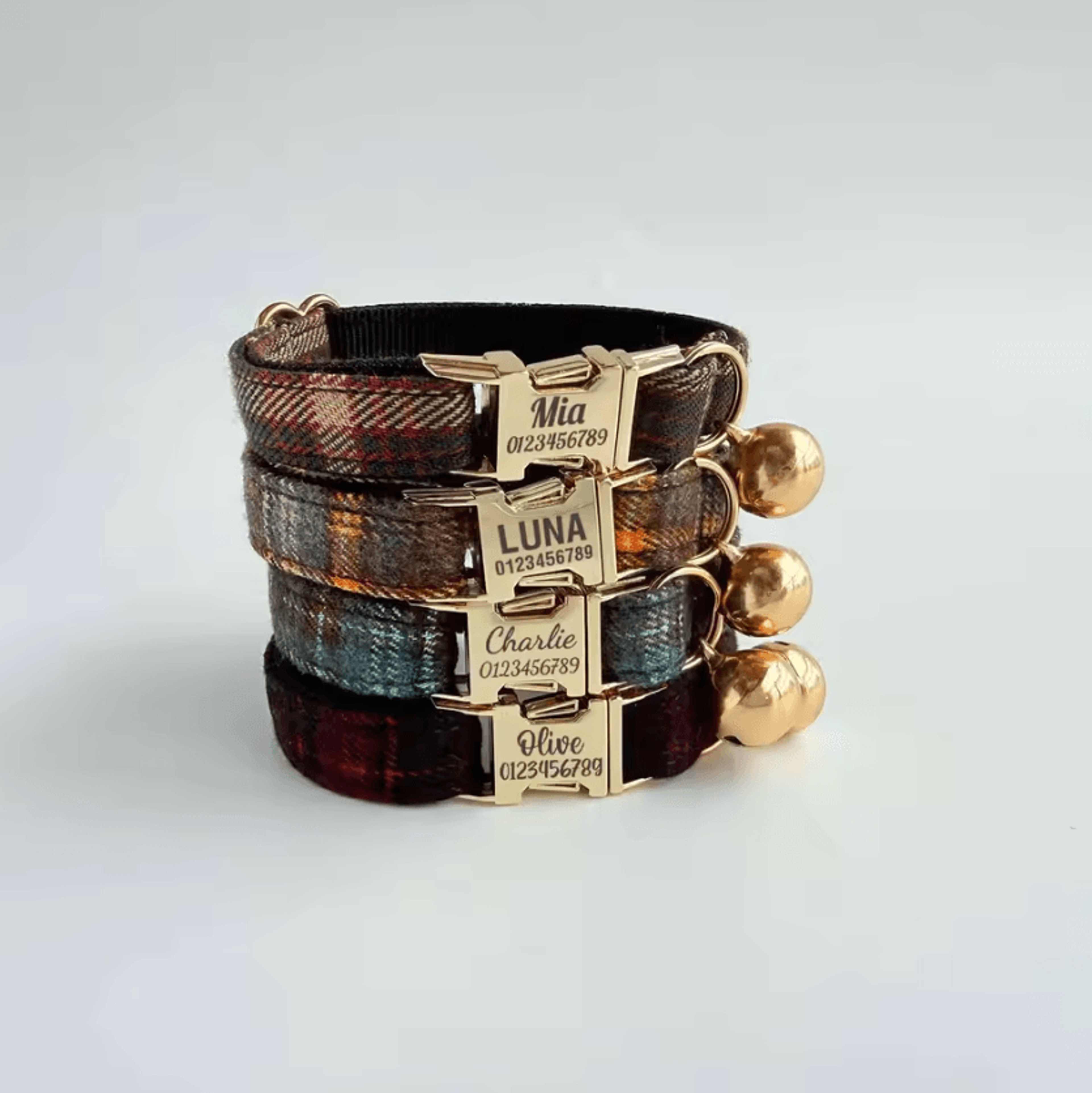 personalized tweed check cat collar with pearl charm & detachable bell