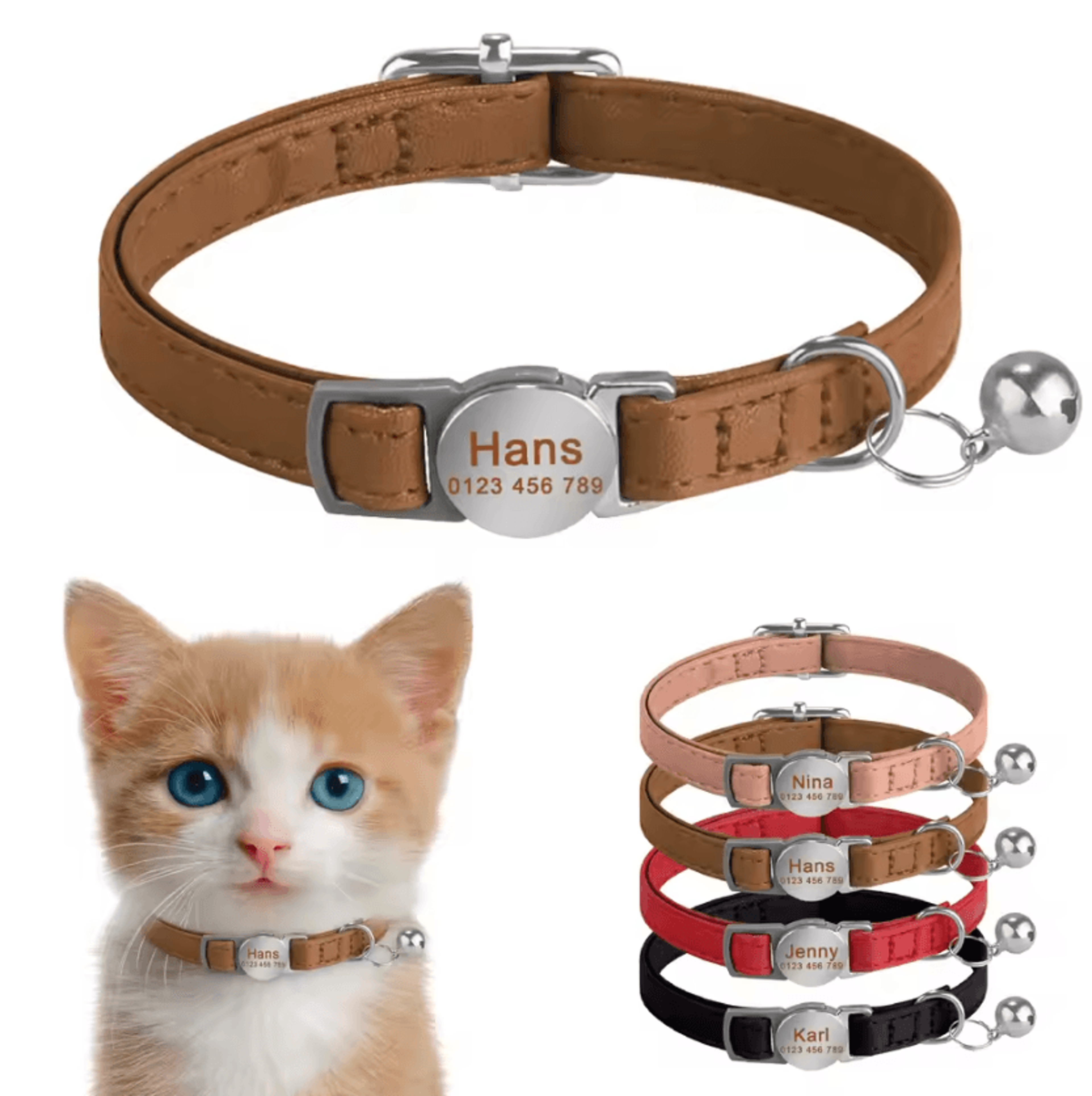 personalized leather breakaway cat collar with custom engraving & bell