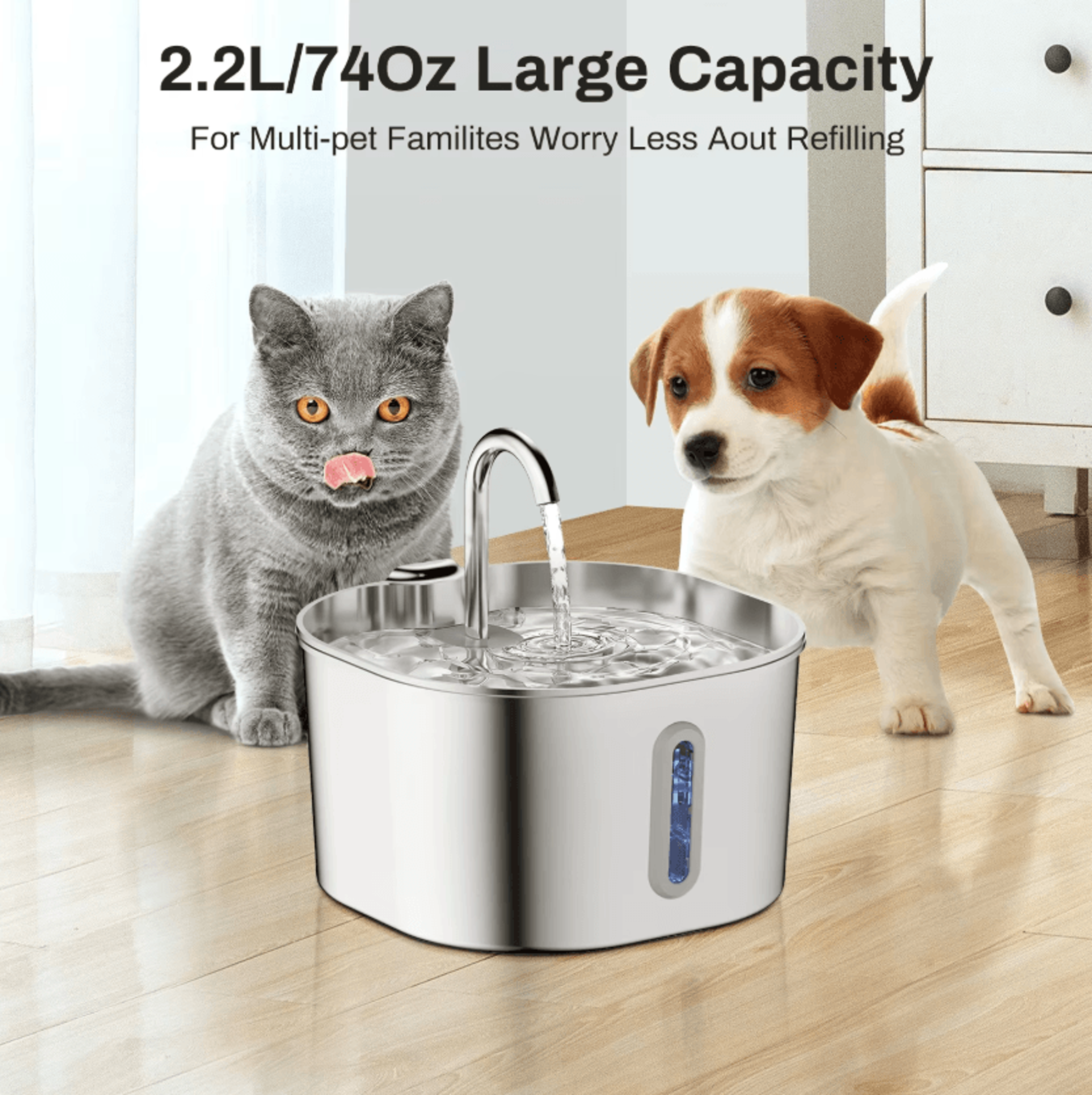aquaflow stainless steel automatic pet water fountain 2.2l