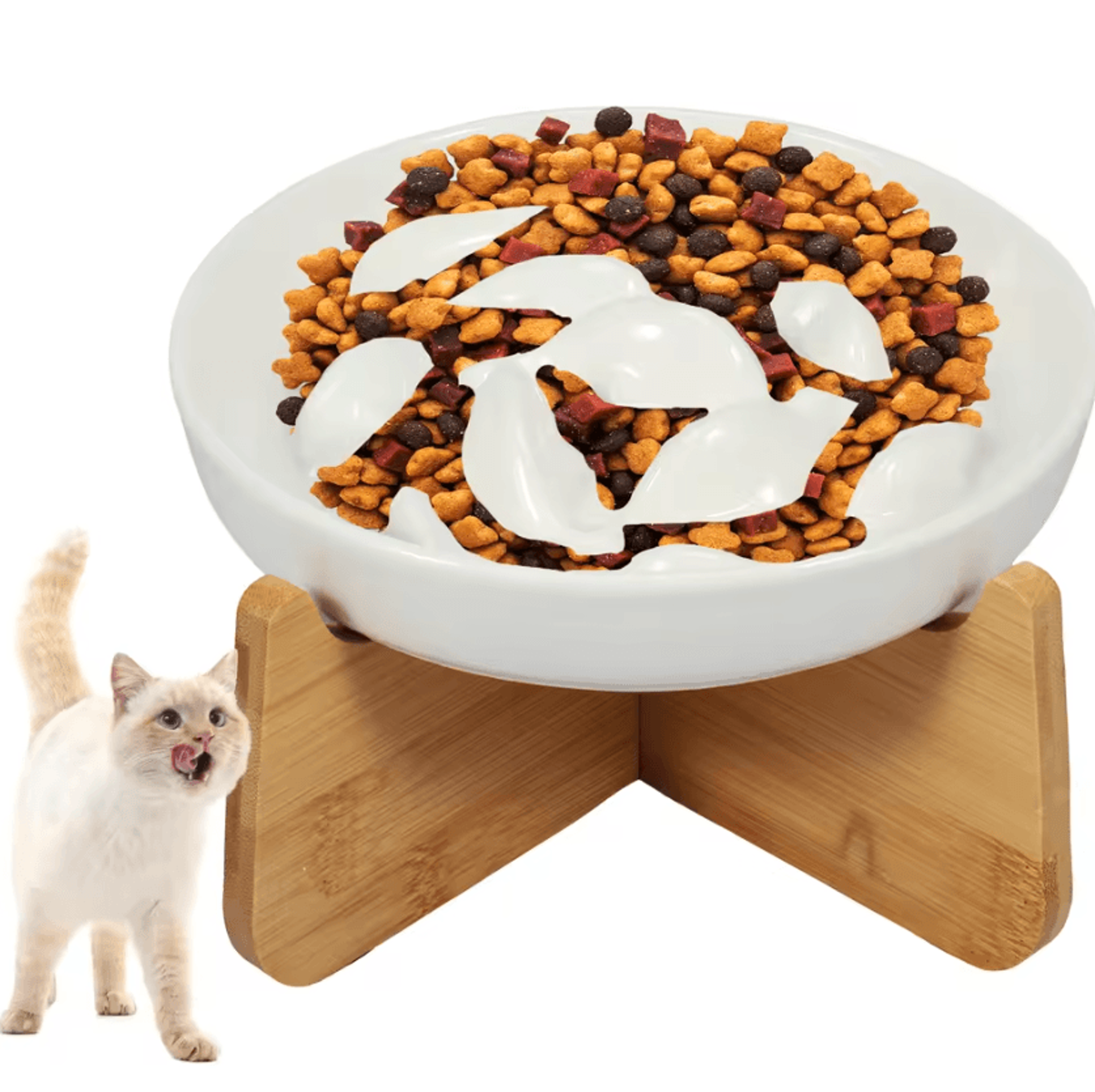 elevapaws ceramic slow feeder cat bowl with wooden stand