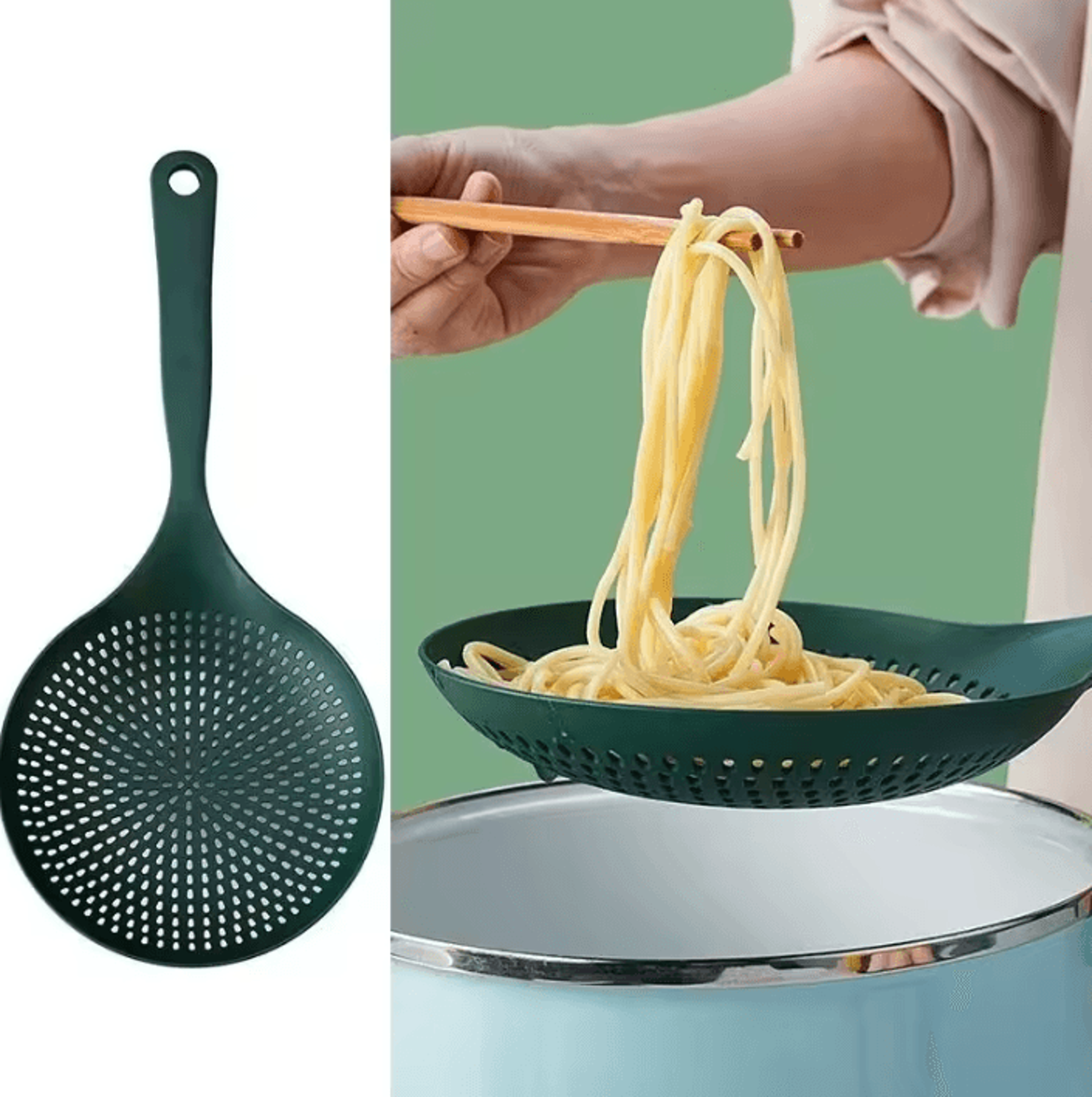 drainmaster heat-resistant pasta strainer scoop