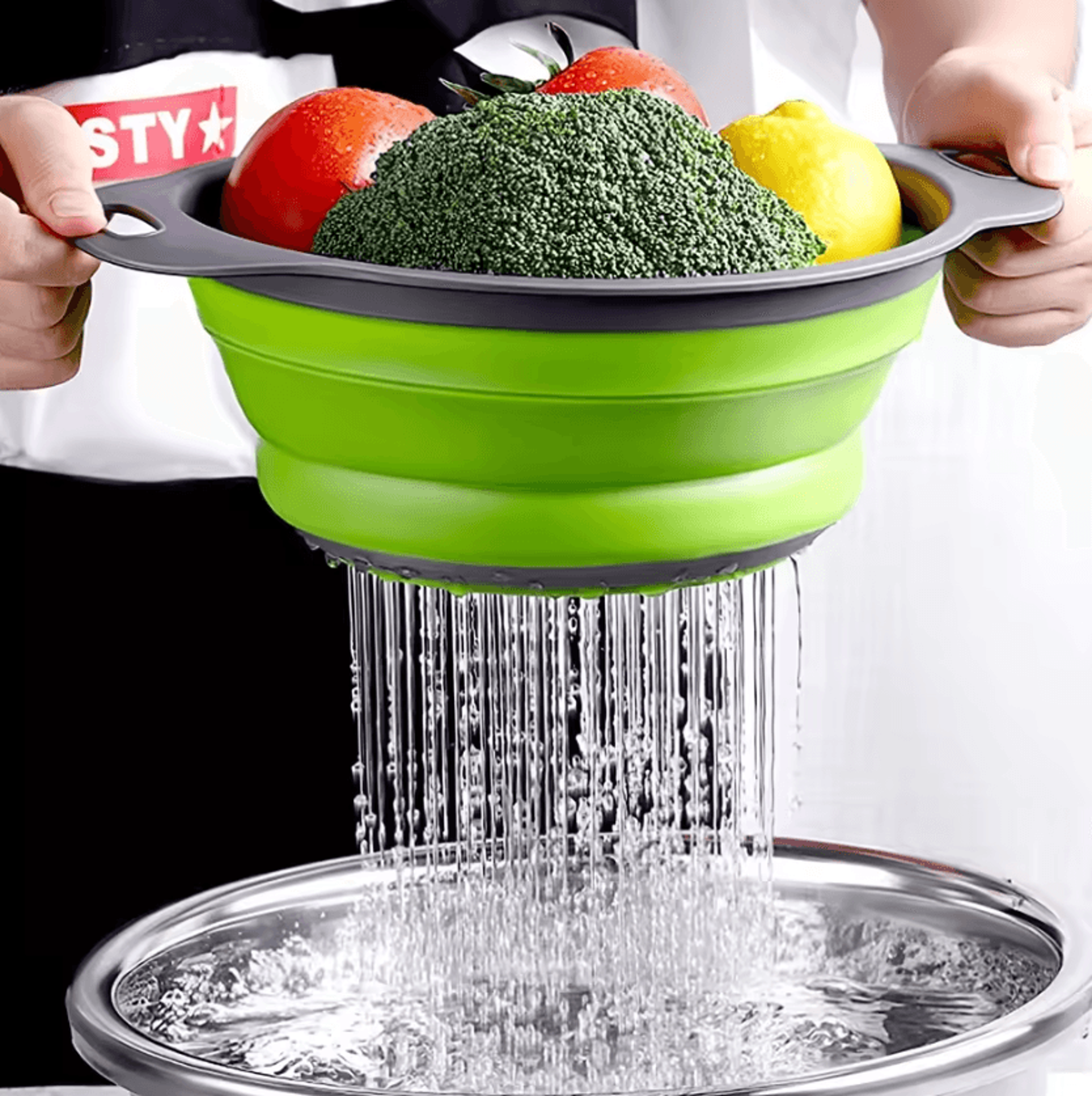 flexdrain foldable vegetable washing basket & silicone fruit strainer