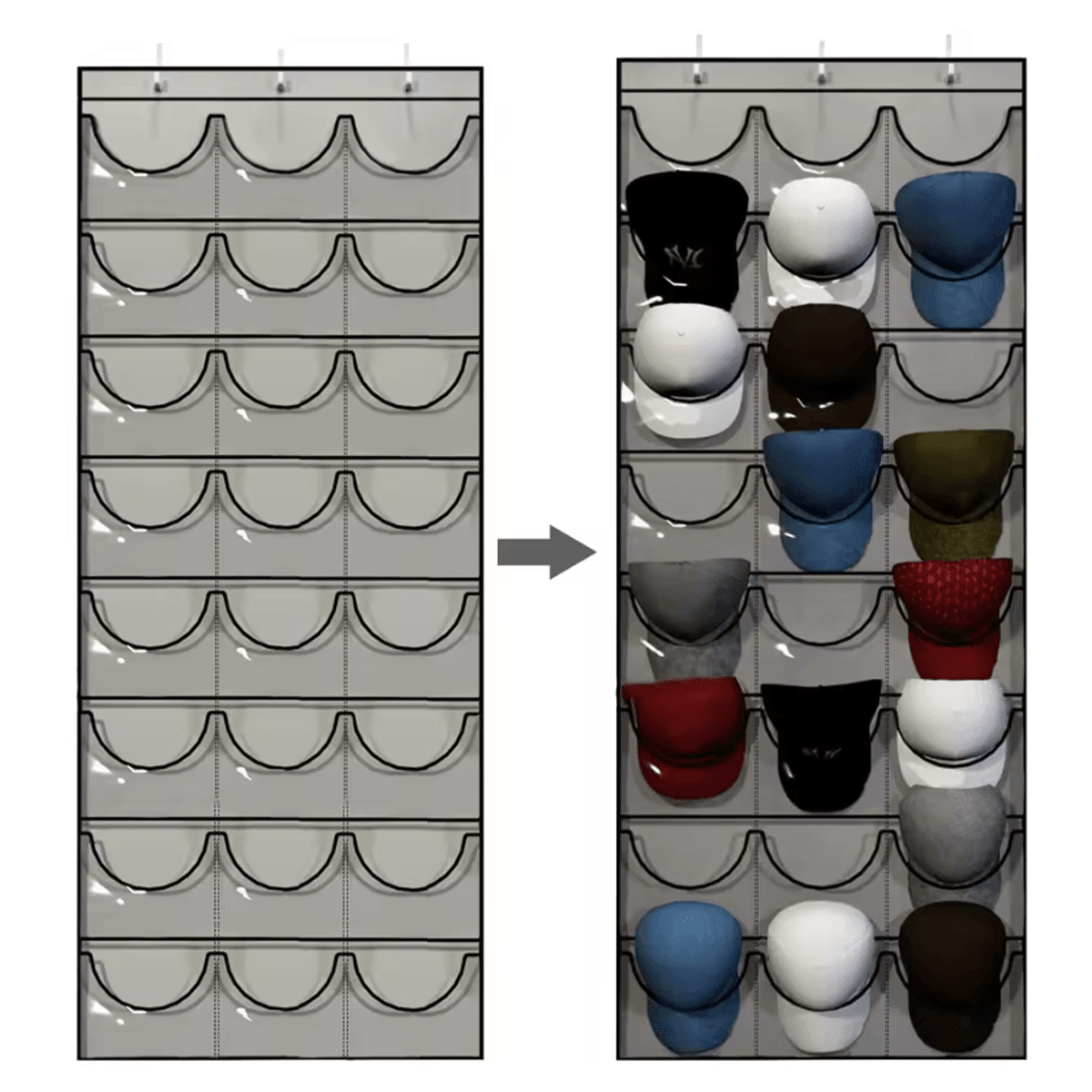 capvault over-the-door hat organizer with 24 clear pockets