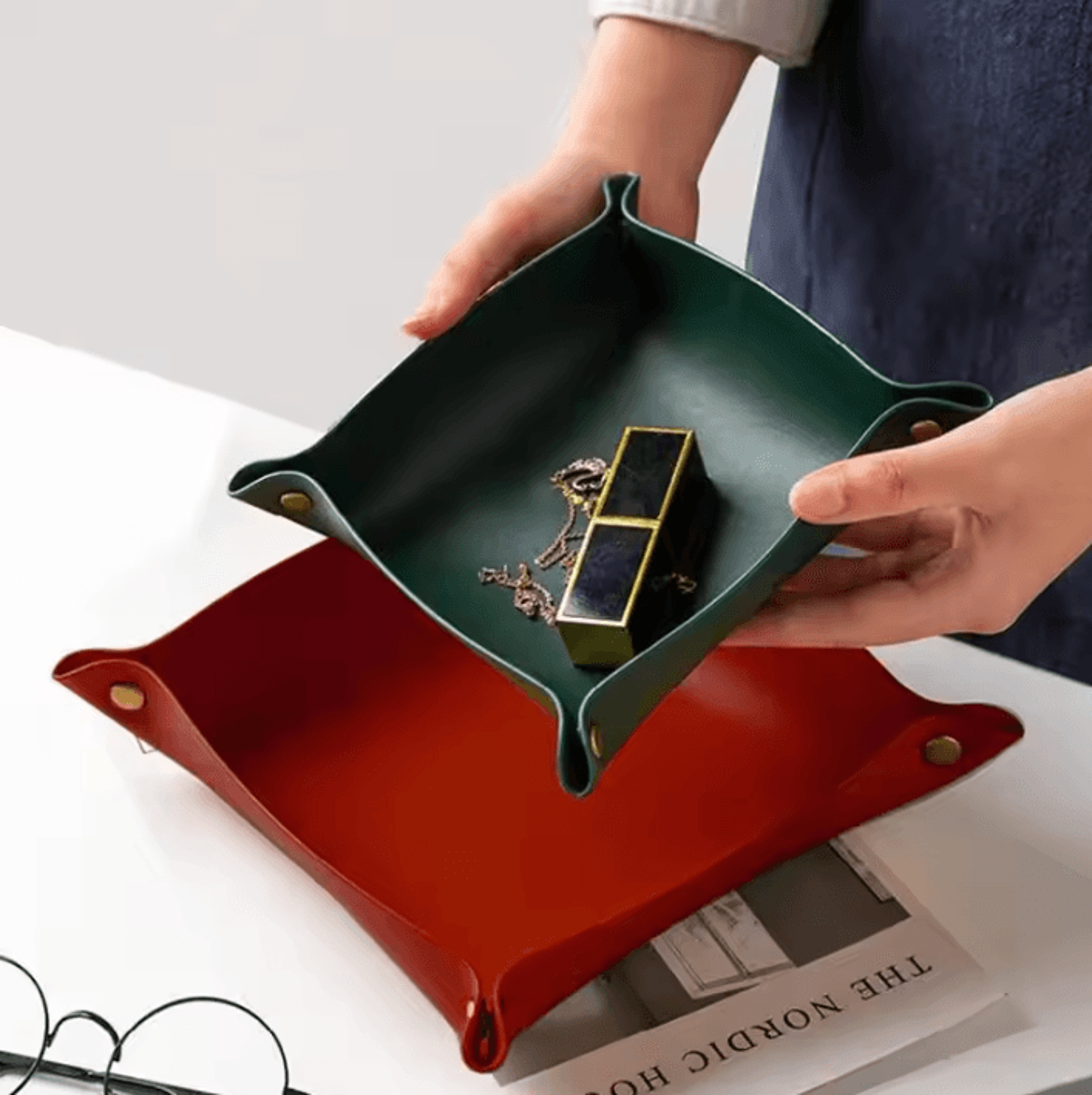 premium foldable leather valet tray for keys, jewelry & everyday essentials
