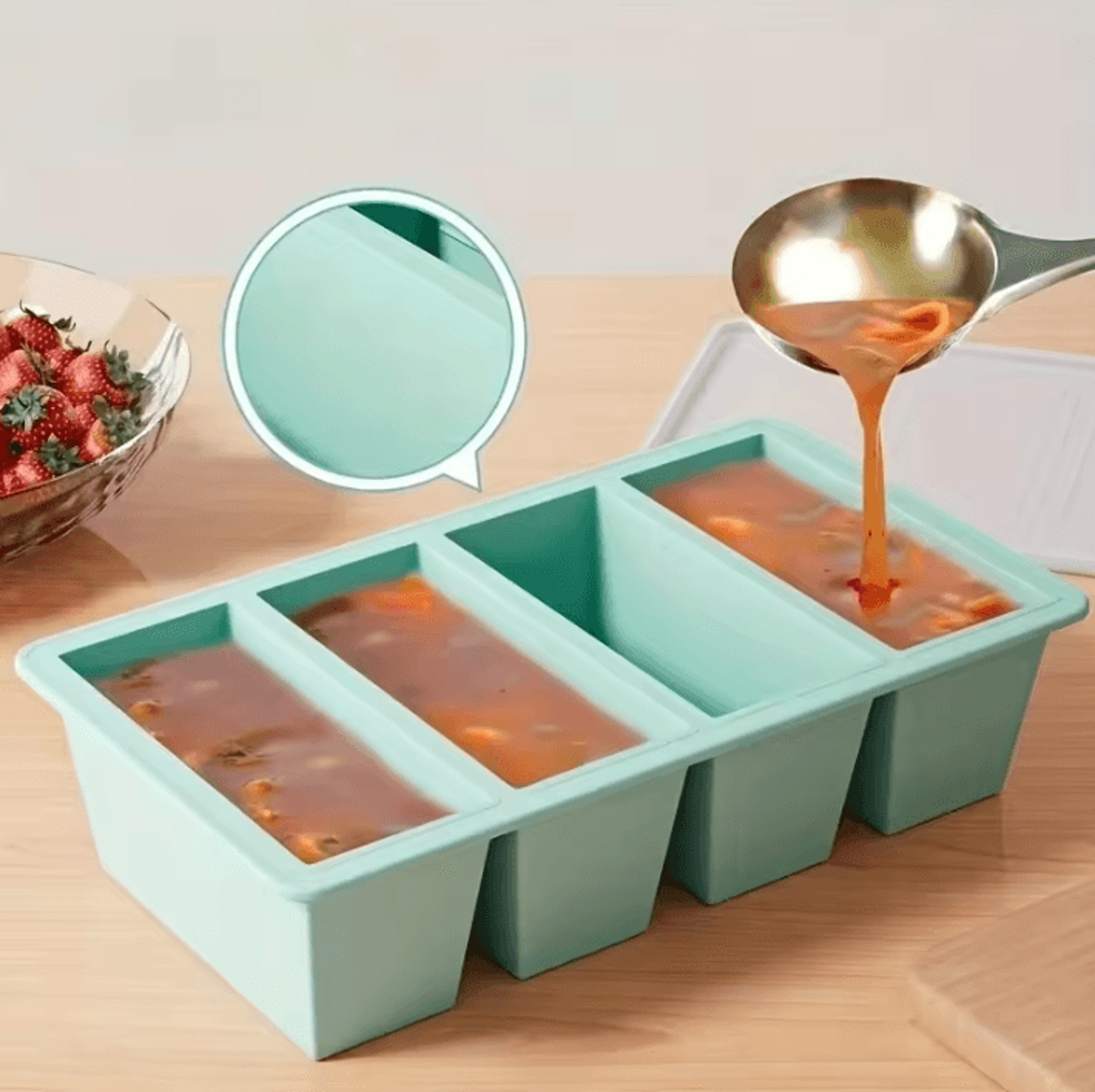 silicone freezer tray with lid for soup, broth & sauce storage