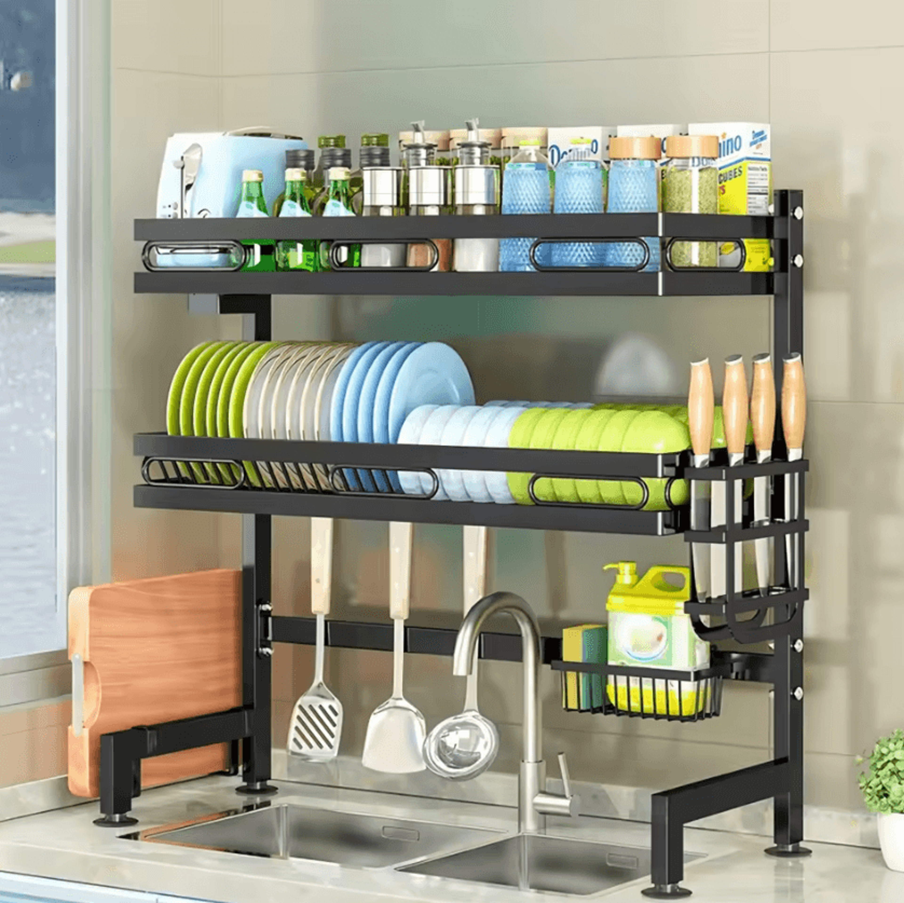 over-the-sink dish drying rack with utensil & soap organizer