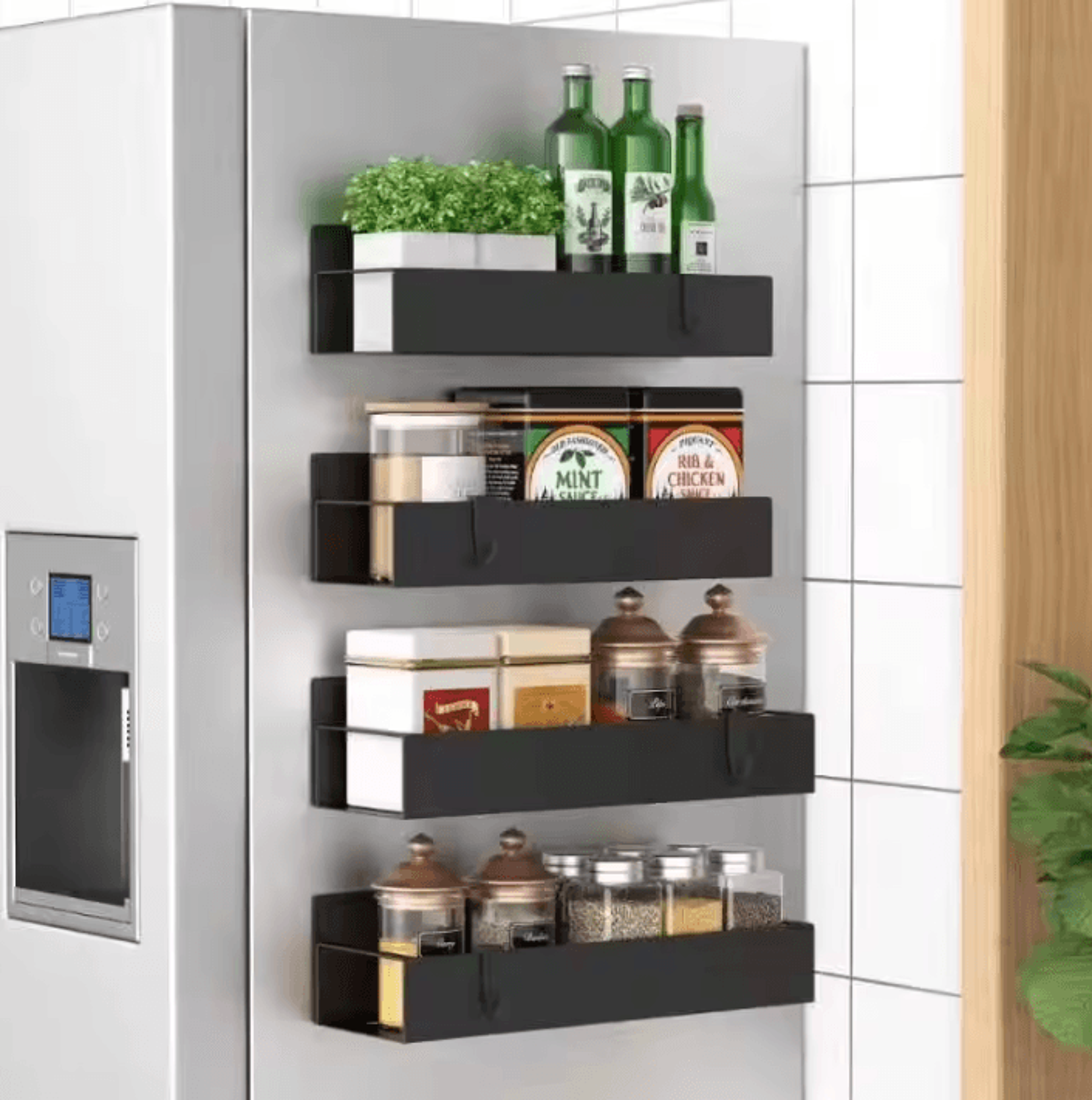 magnetic refrigerator side shelf organizer for spices & kitchen essentials