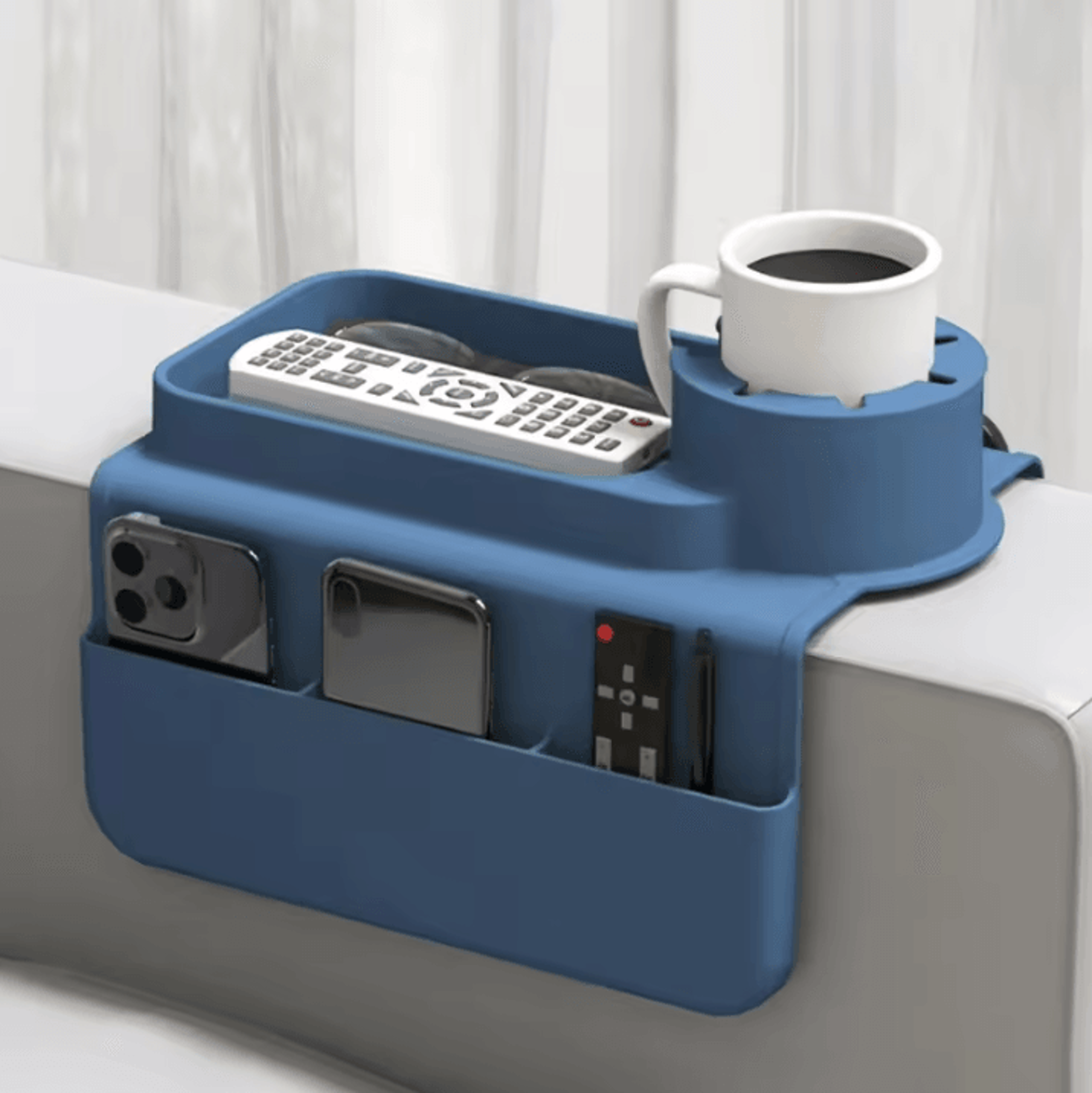 silicone couch cup holder tray with side pockets & sofa arm organizer