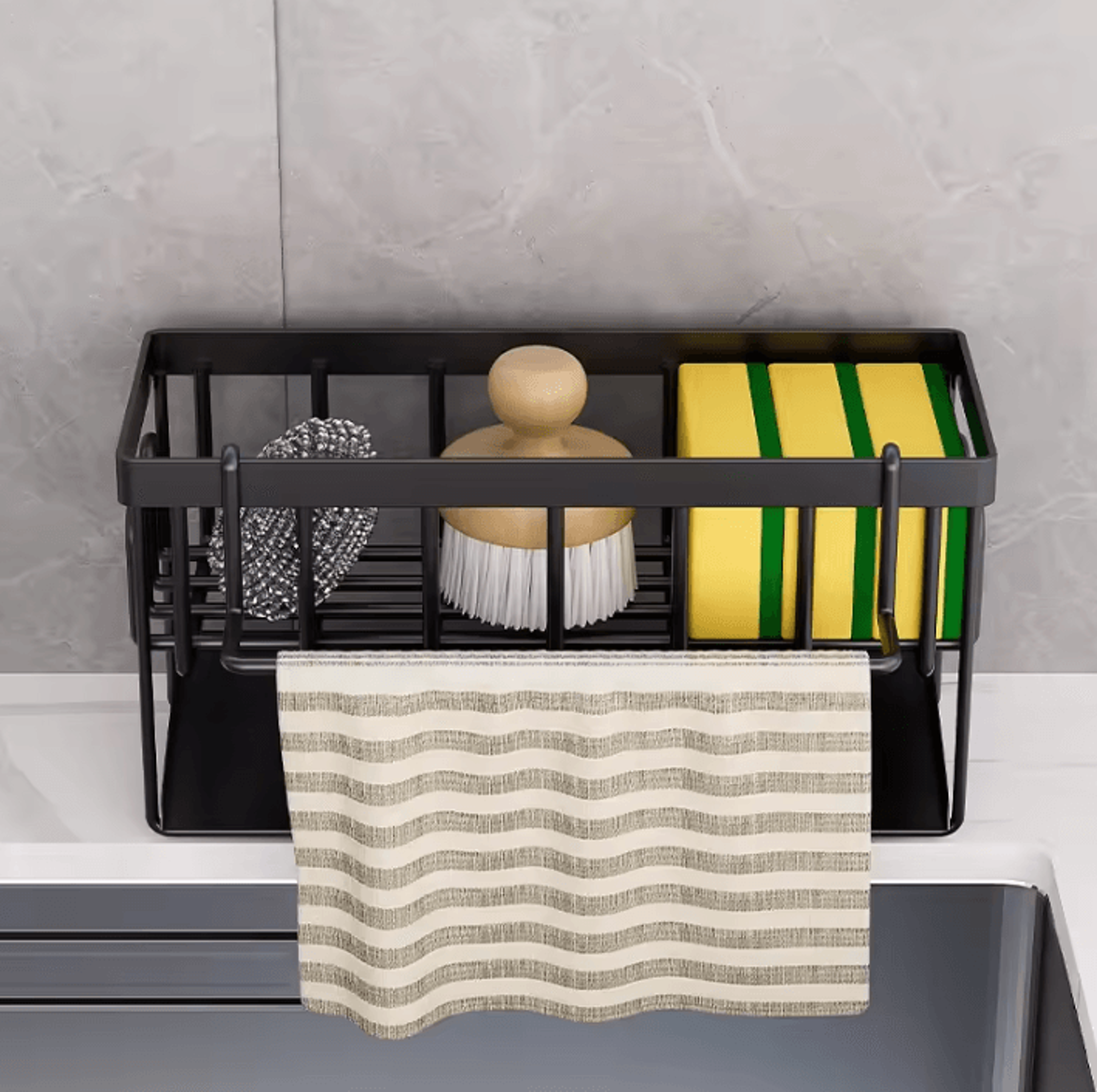 self-draining metal kitchen sink organizer with sponge holder & towel rack