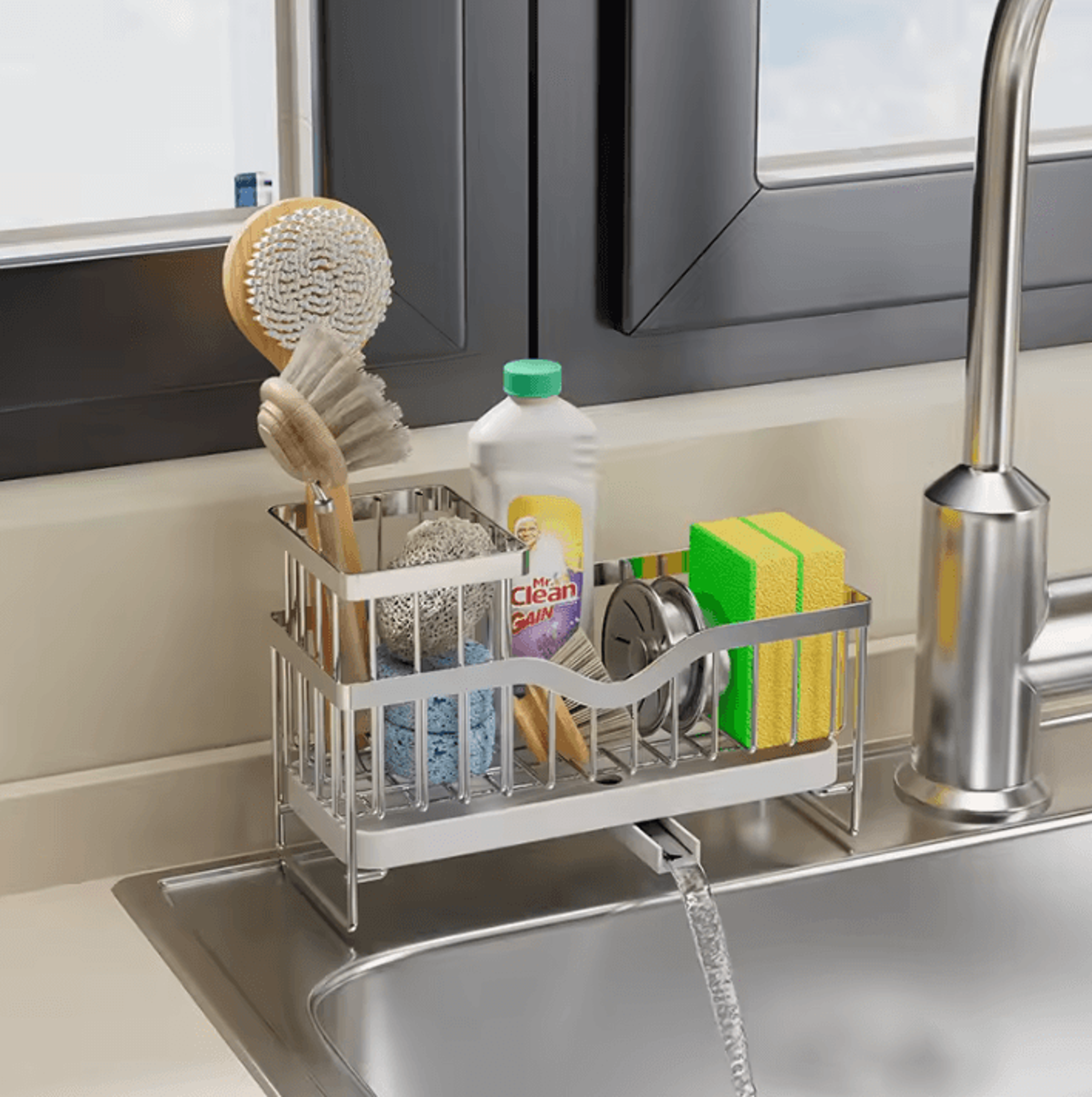 stainless steel faucet sink organizer with sponge holder, soap drainer & towel rack