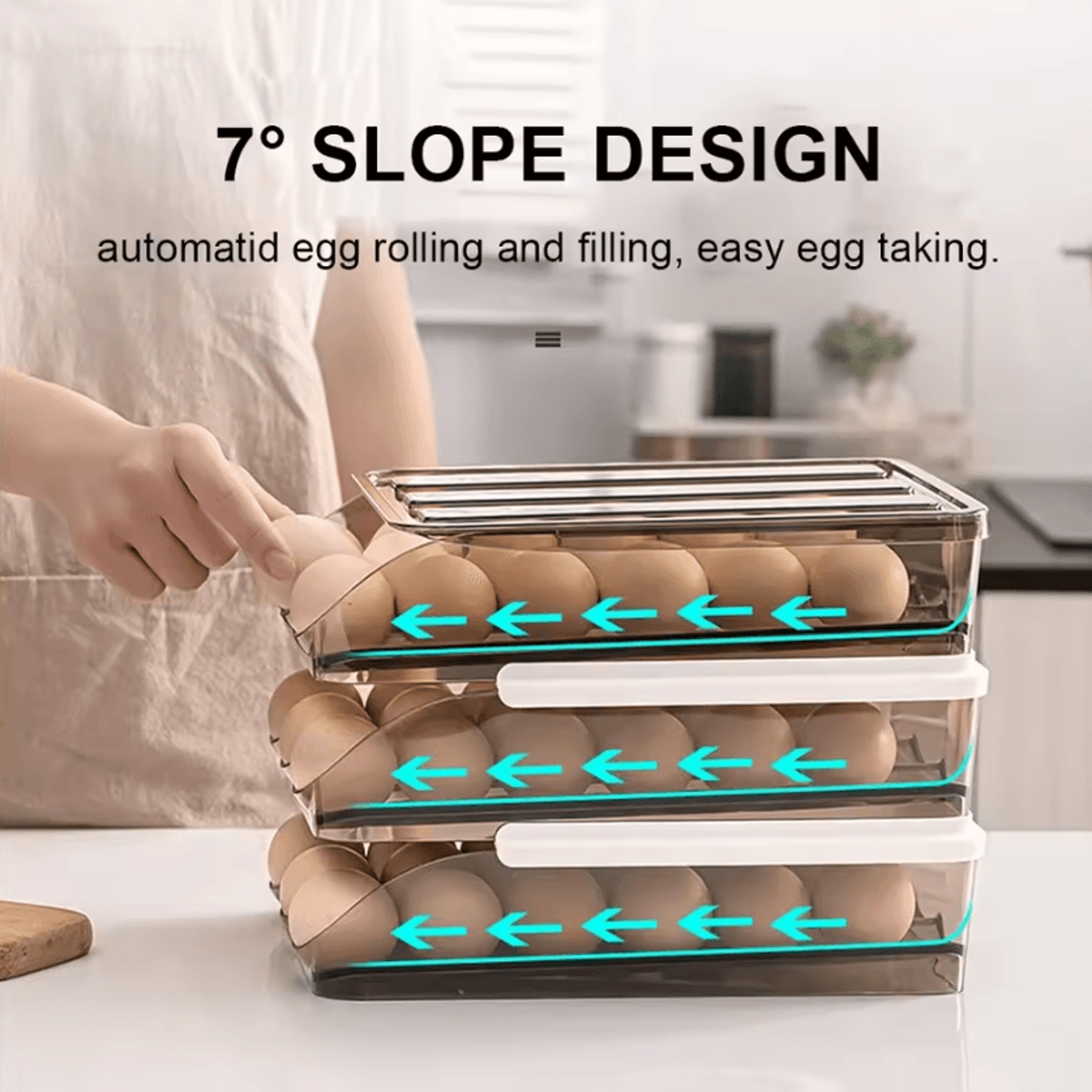 automatic slide egg storage box transparent drawer, stackable rolling eggs rack egg tray holder basket, kitchen fridge o