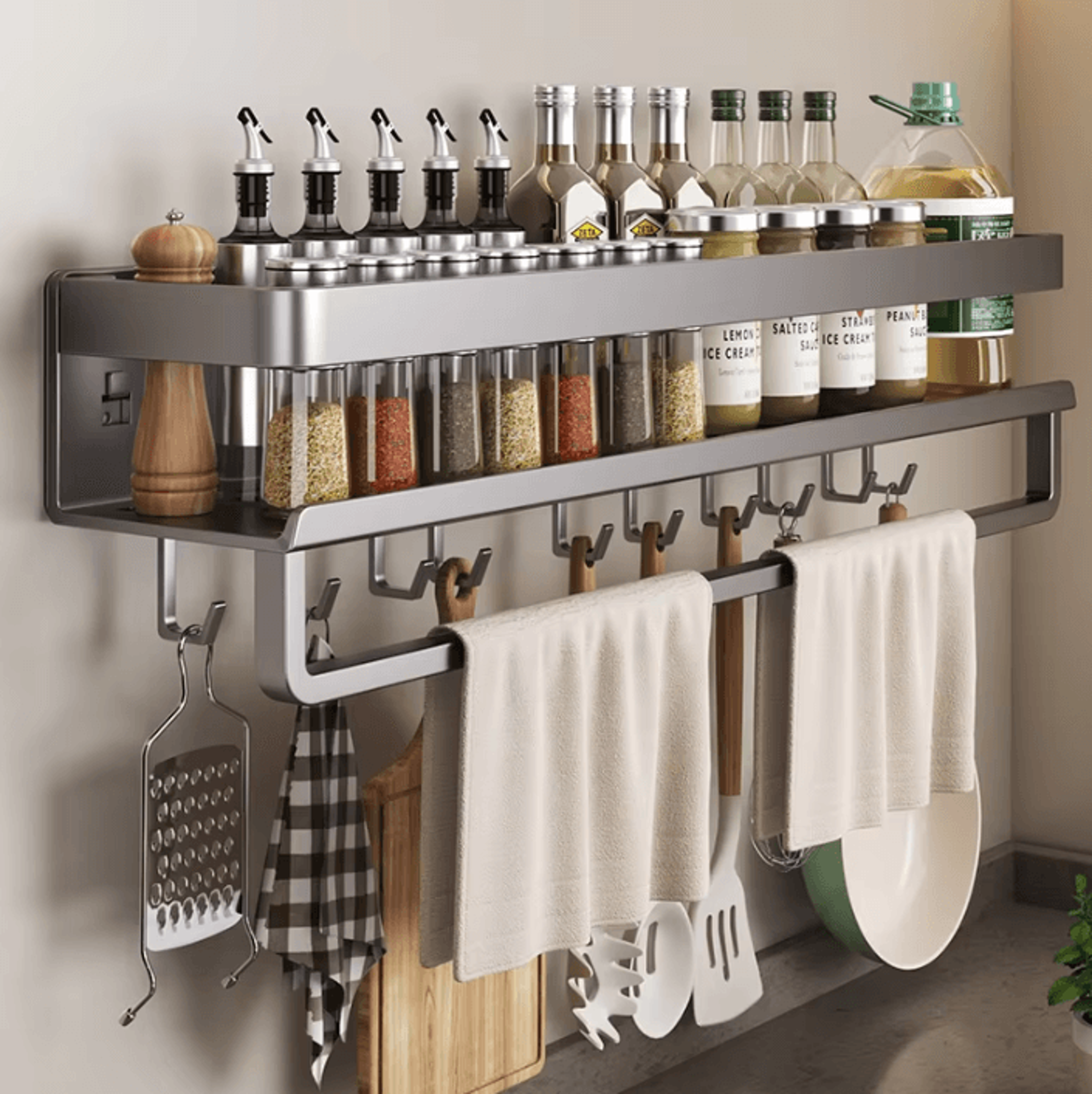 wall-mounted aluminum spice rack shelf – no-drill kitchen storage organizer
